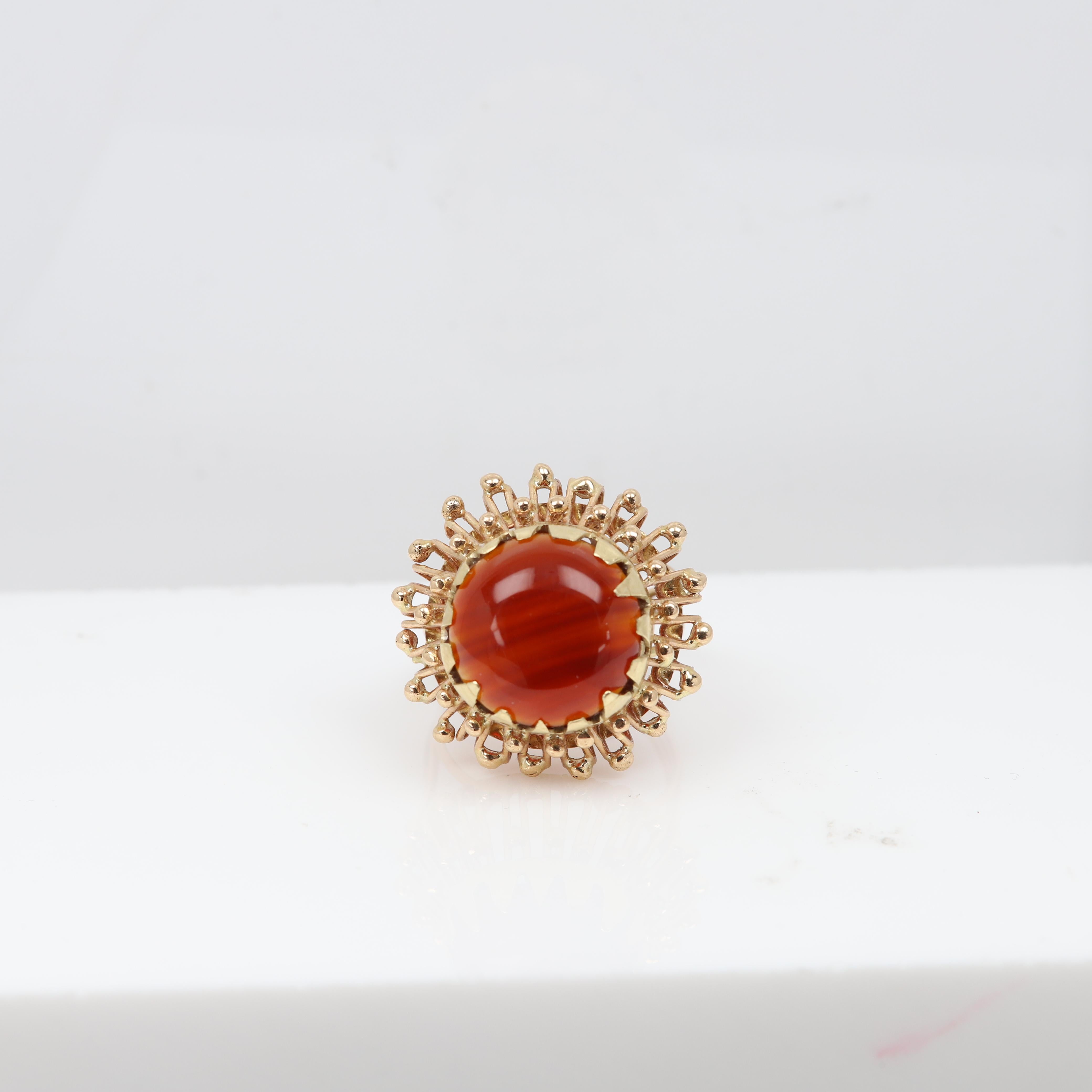 Brilliant orange color - round Carnelian gemstone
circa 1940-1950
pre-owned however in great shape.
Weight: 8.5 grams
14k Rose Gold 
The Hand work is very visible.
Finger size - will fit well size 7 and size 7.5, since the finger area is made out of