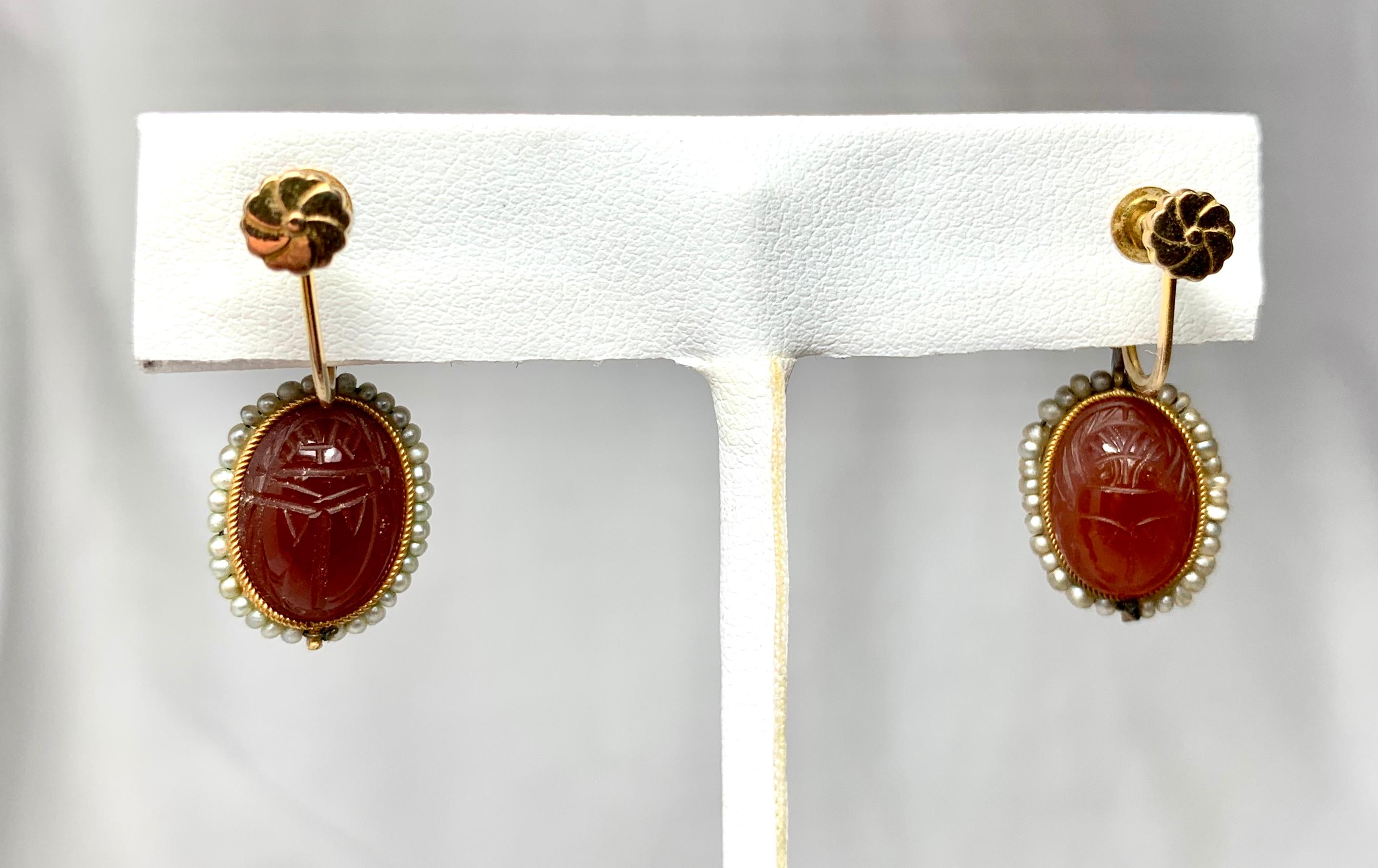 Oval Cut Antique Carnelian Scarab Earrings Egyptian Revival Gold Pearl For Sale