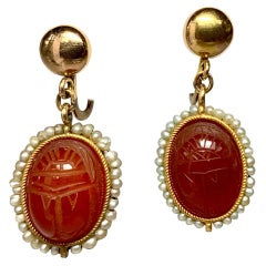 Retro Carnelian Scarab Earrings Egyptian Revival Gold Pearl