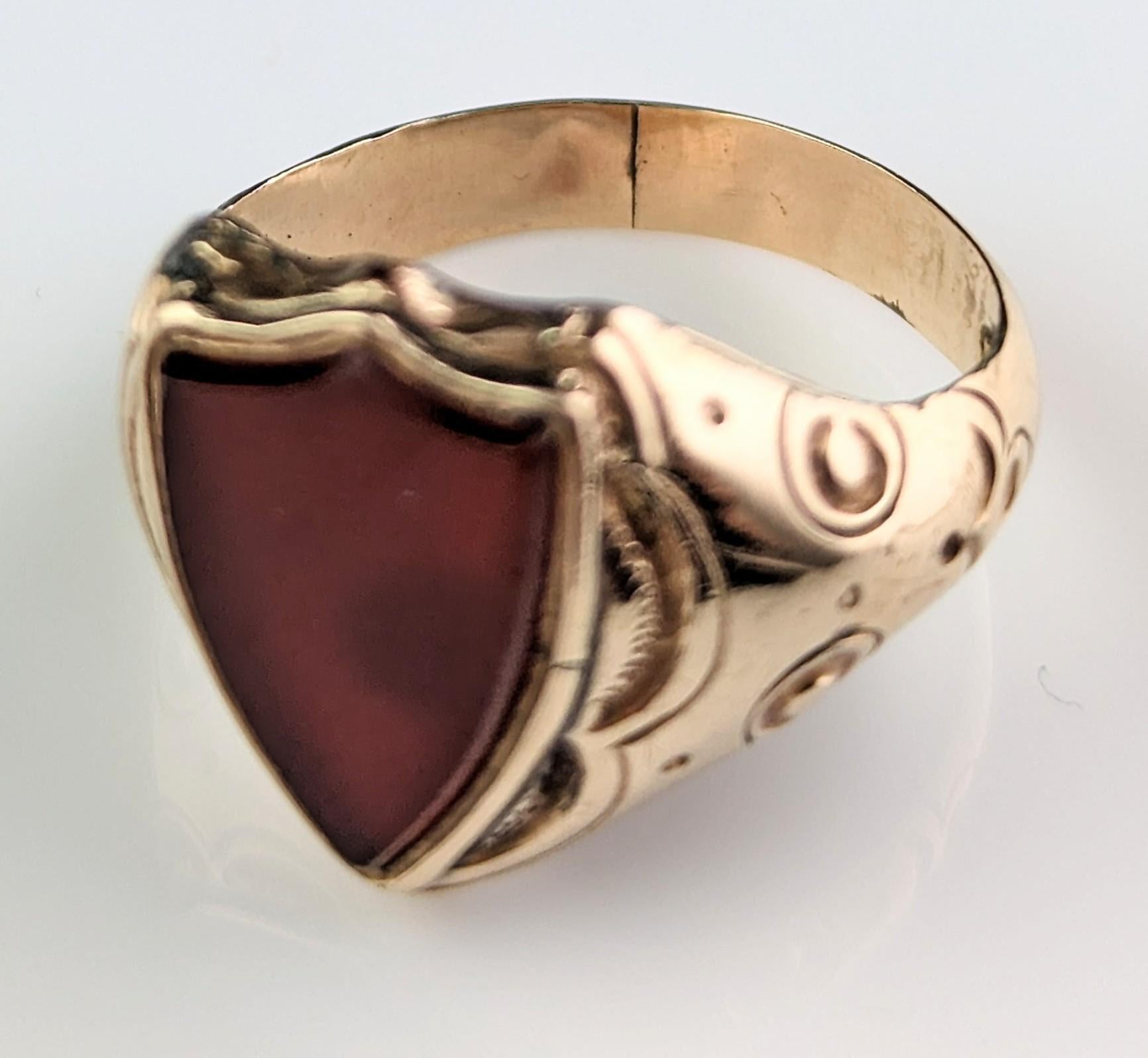 Antique Carnelian Signet Ring, Shield Shaped, Edwardian, Engraved 9k Gold 4