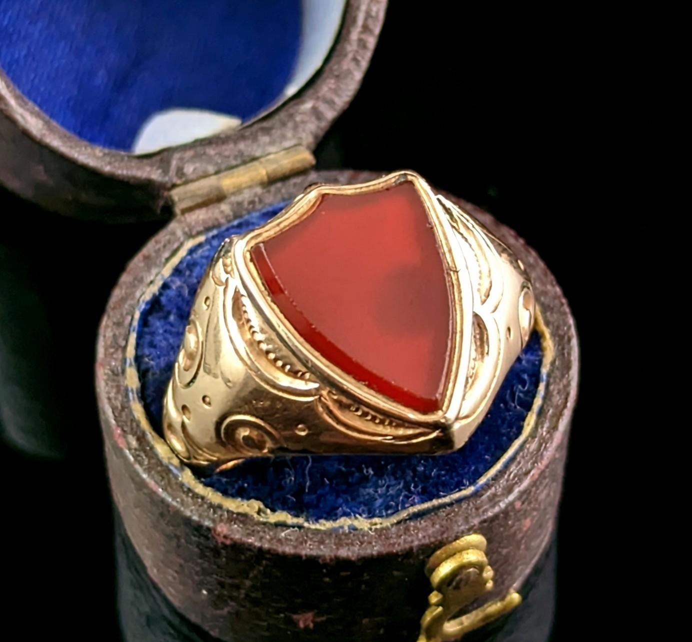 Shield Cut Antique Carnelian Signet Ring, Shield Shaped, Edwardian, Engraved 9k Gold