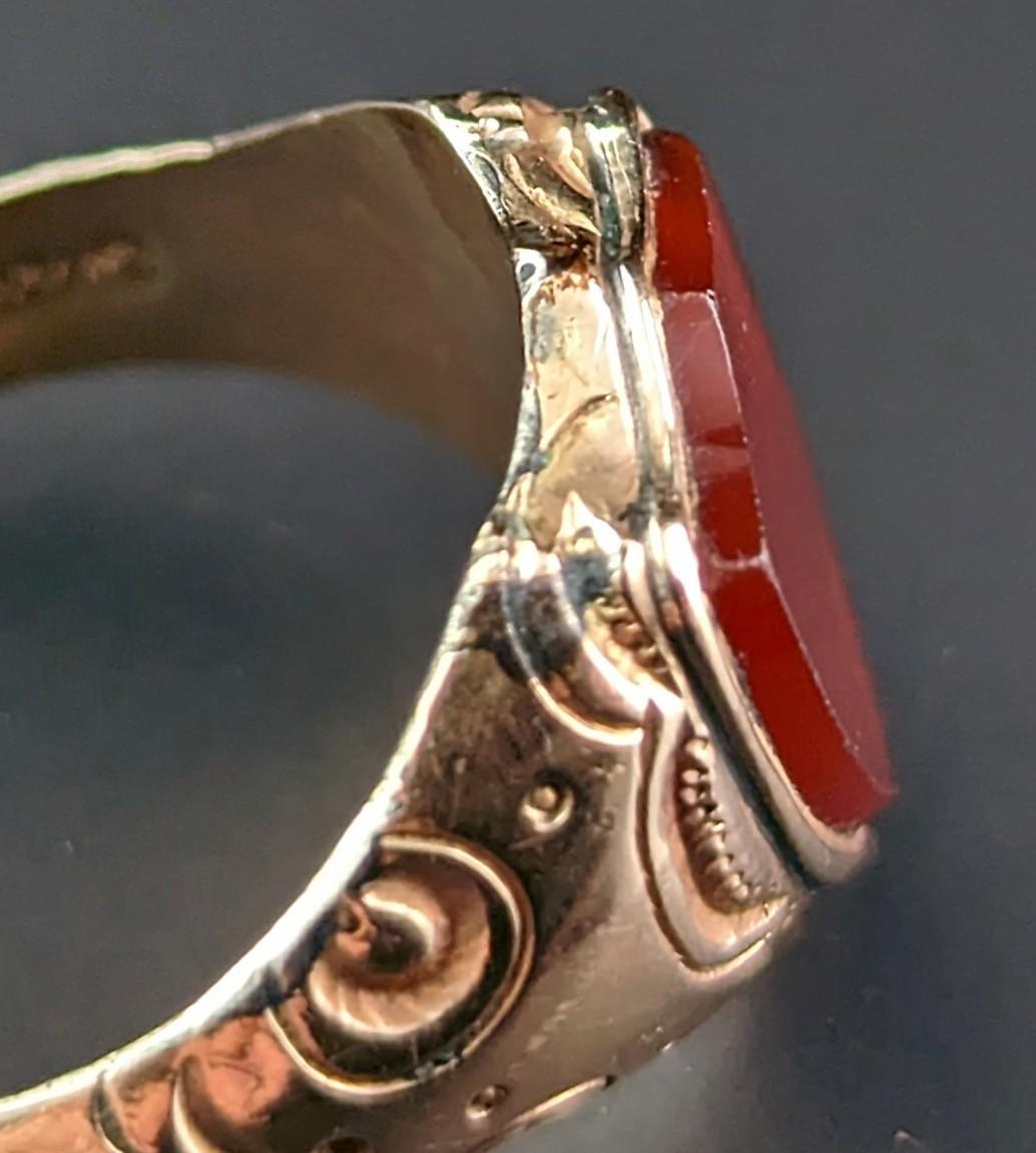 Women's or Men's Antique Carnelian Signet Ring, Shield Shaped, Edwardian, Engraved 9k Gold