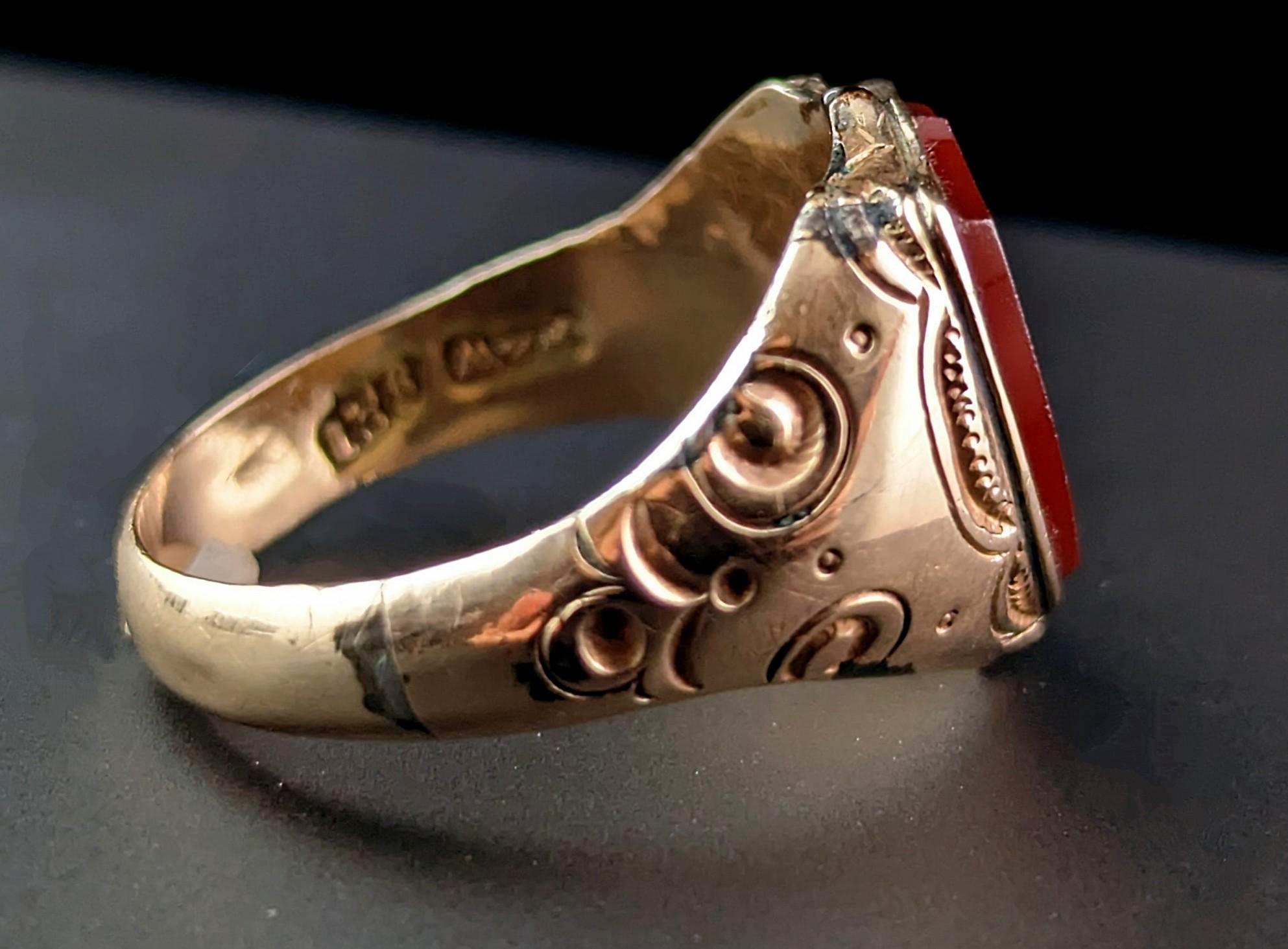 Antique Carnelian Signet Ring, Shield Shaped, Edwardian, Engraved 9k Gold 1