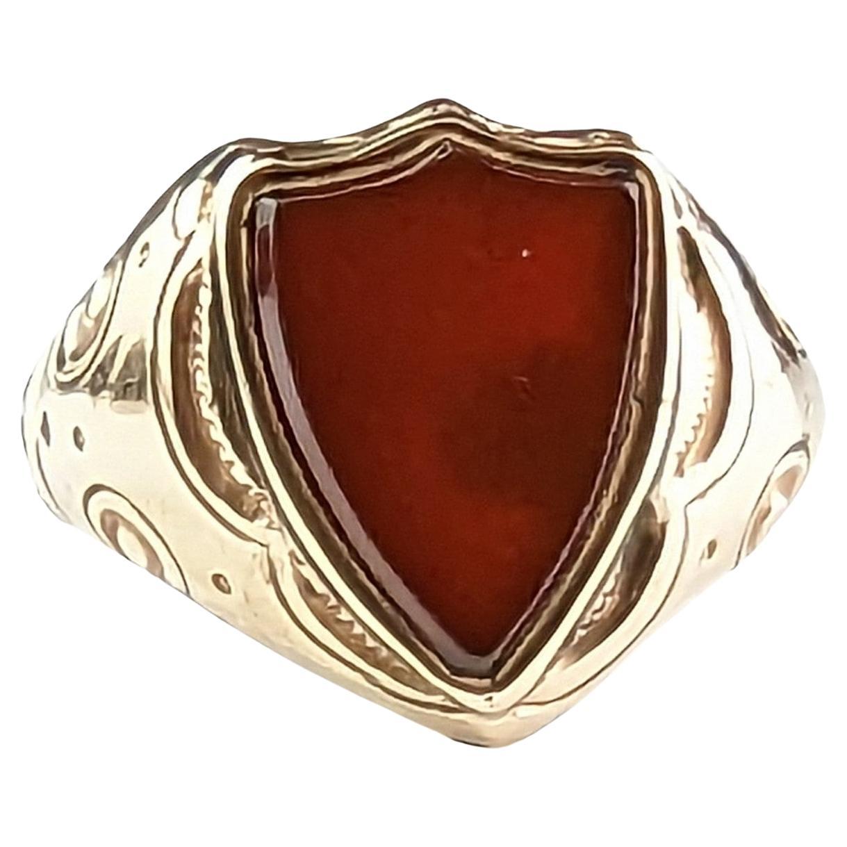 Antique Carnelian Signet Ring, Shield Shaped, Edwardian, Engraved 9k Gold