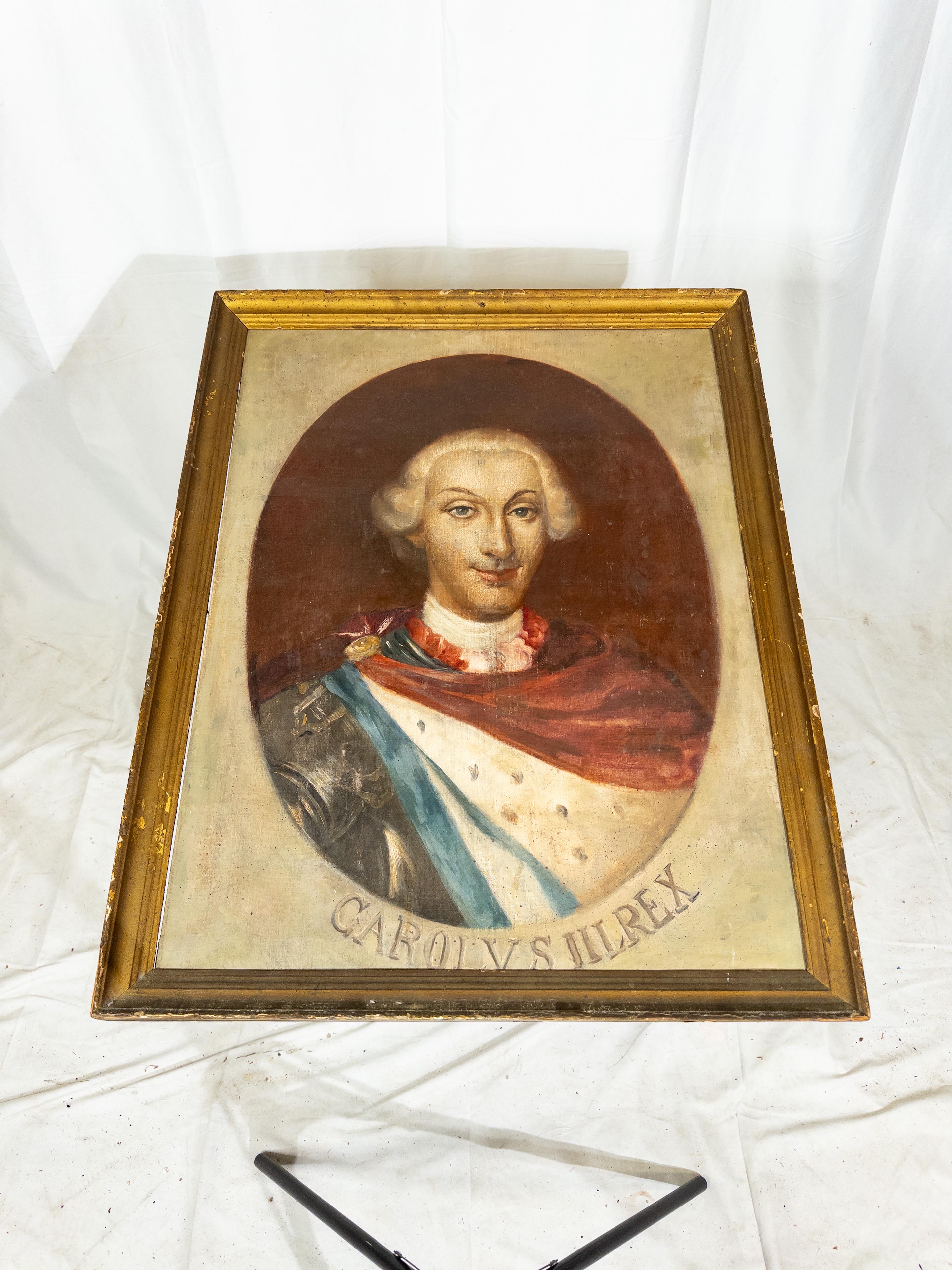 The Antique Carolus Rex III Portrait Painting, encased in a resplendent gilt frame, is a captivating testament to regal history and artistry. The painting portrays a figure of unmistakable royalty, exuding an aura of authority and grace. The