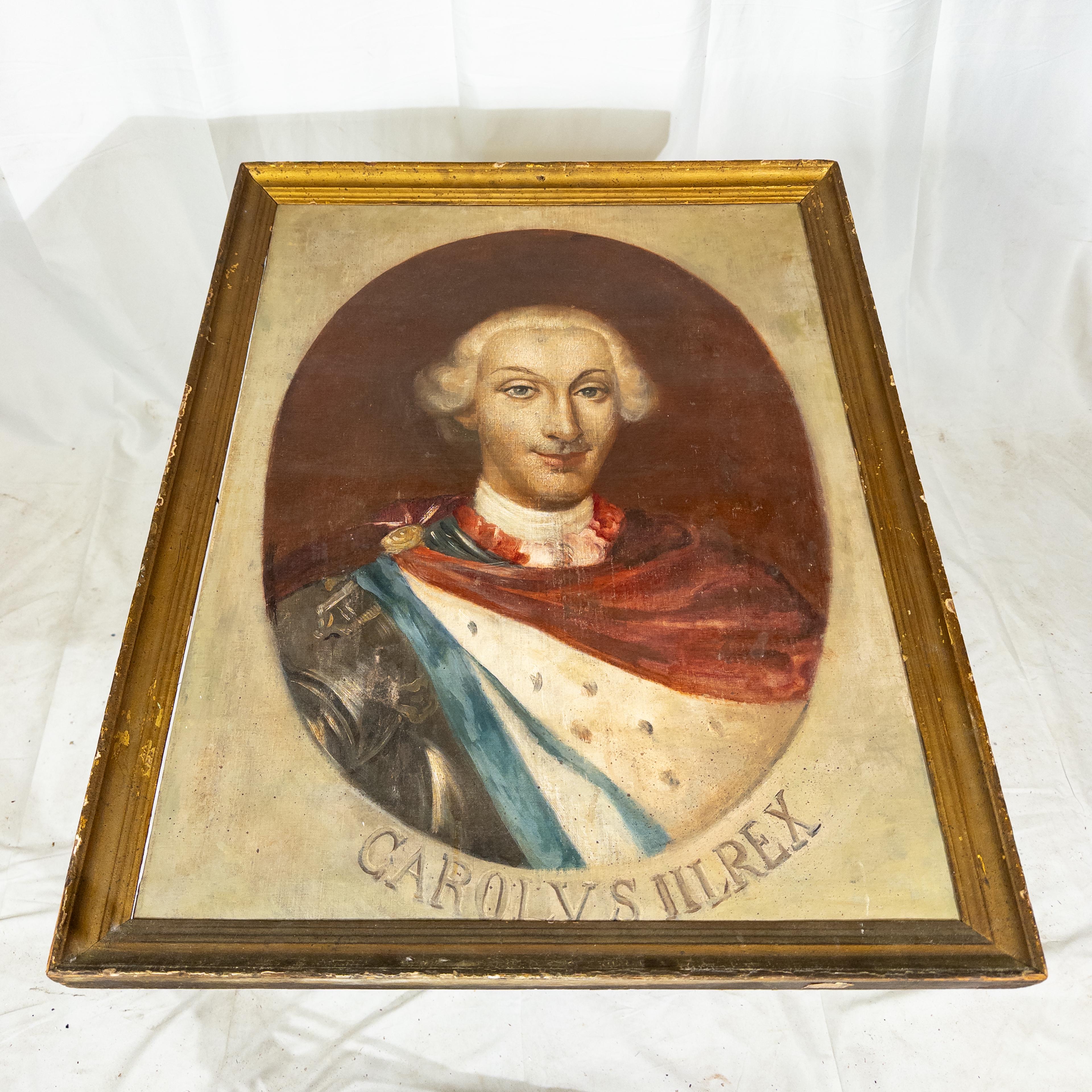 British Antique Carolus Rex III Portrait Painting in Gilt Frame For Sale