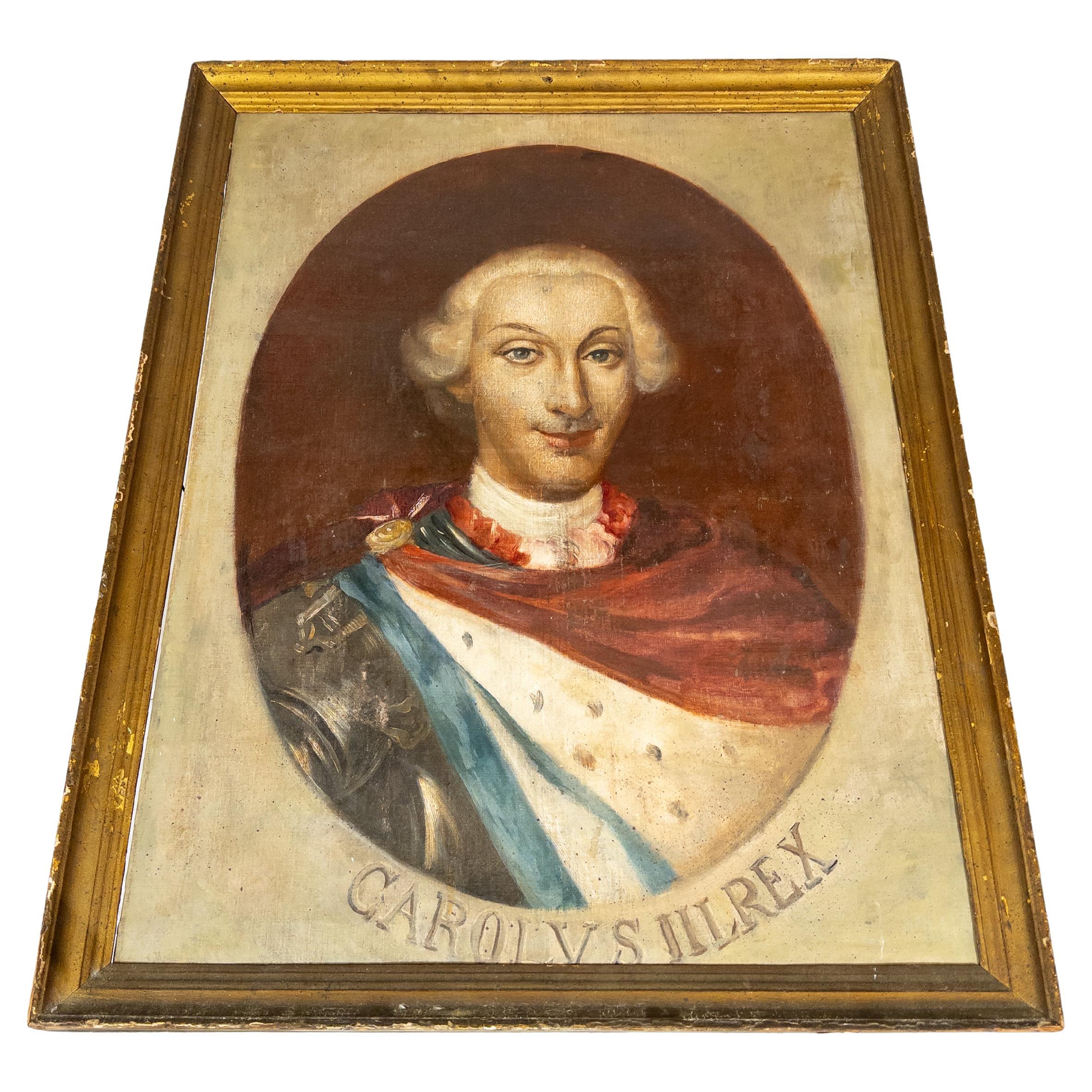 Antique Carolus Rex III Portrait Painting in Gilt Frame For Sale