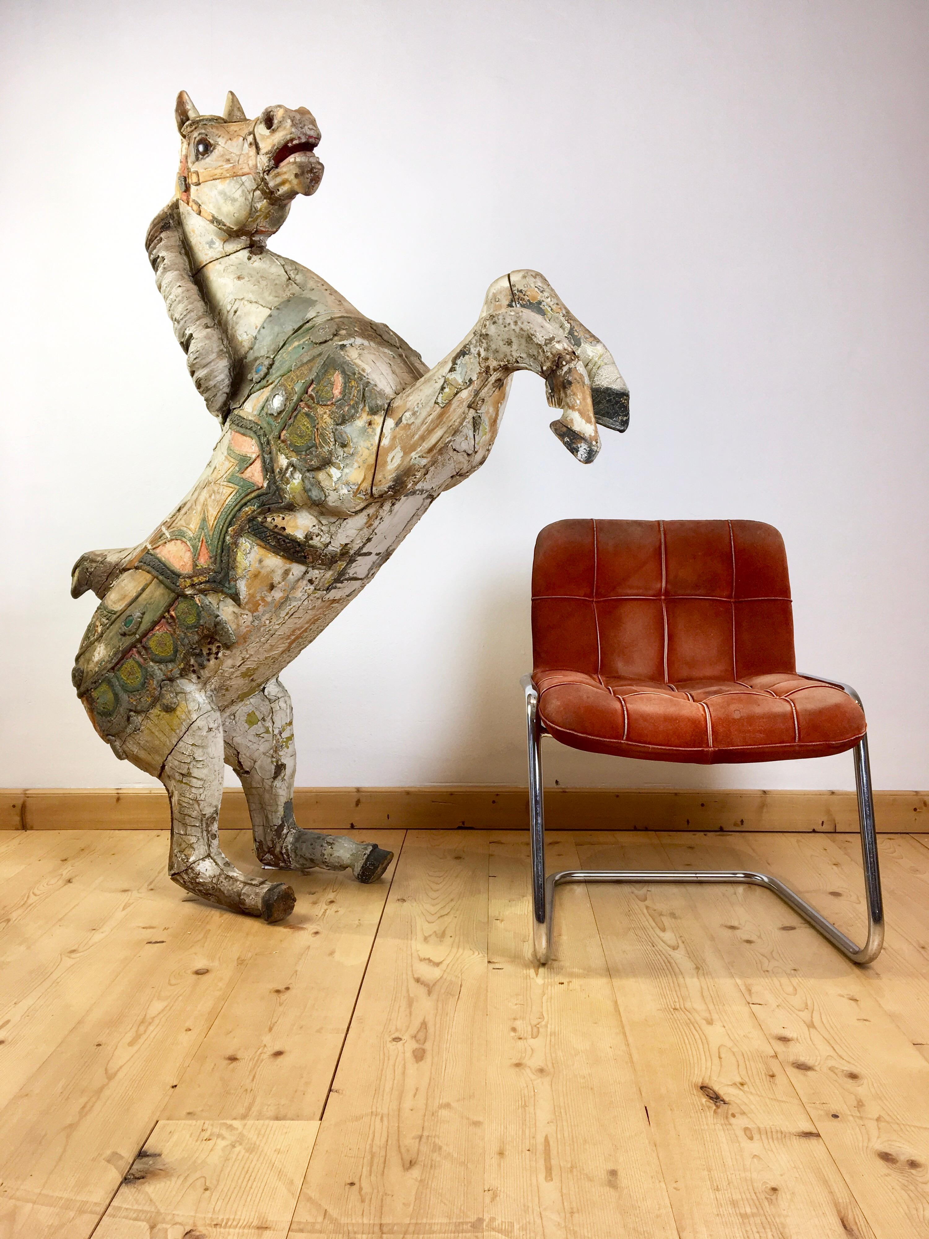 Spectacular large Hand -Carved Wooden Carousel Horse 
made by the Sculptor Karl Müller, Moblitz Germany.
This Hand-painted Horse dates circa 1886-1902, 
late 19th century-early 20th century. 
More than 100 years old !!! So has a great worn patina of