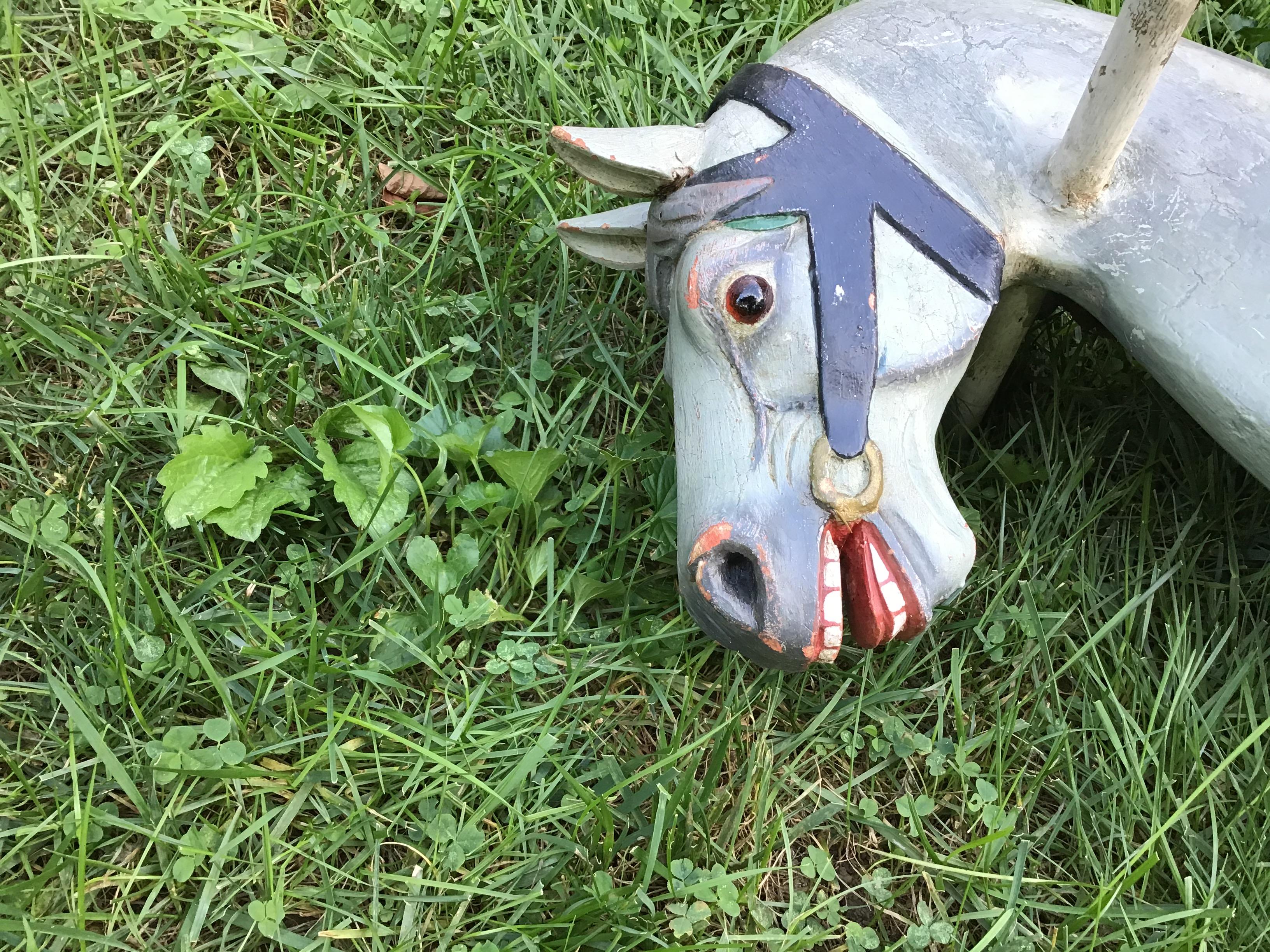 Carousel Horse Painted Wood Rocking Horse Antique In Distressed Condition In East Hampton, NY
