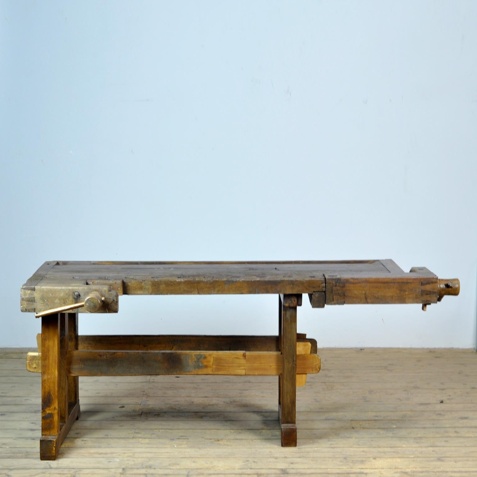 German Antique Carpenters Oak Workbench, Circa 1910