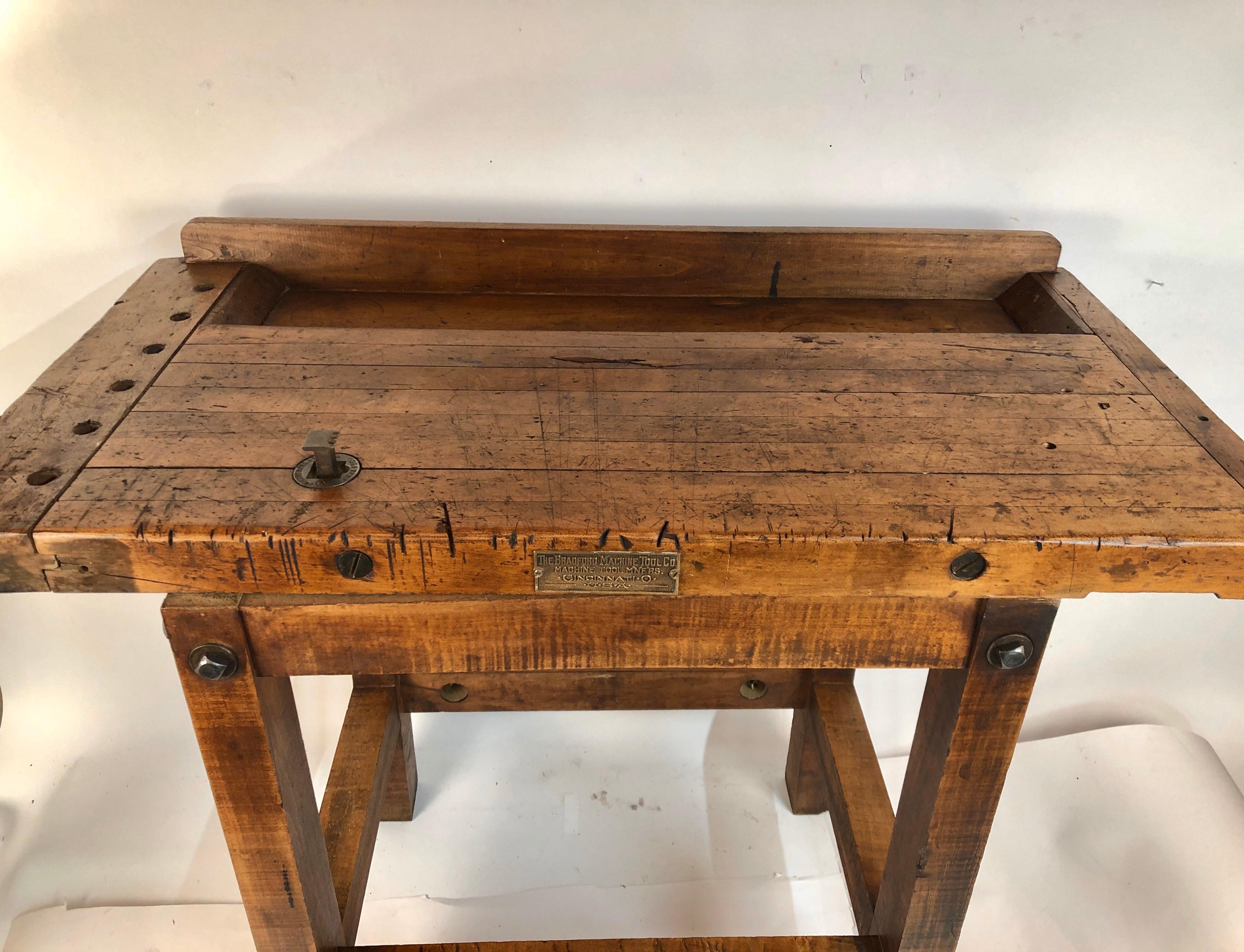 American Antique Carpenters Wooden Work Table Industrial Bradford Machine Tool Co. Ohio.