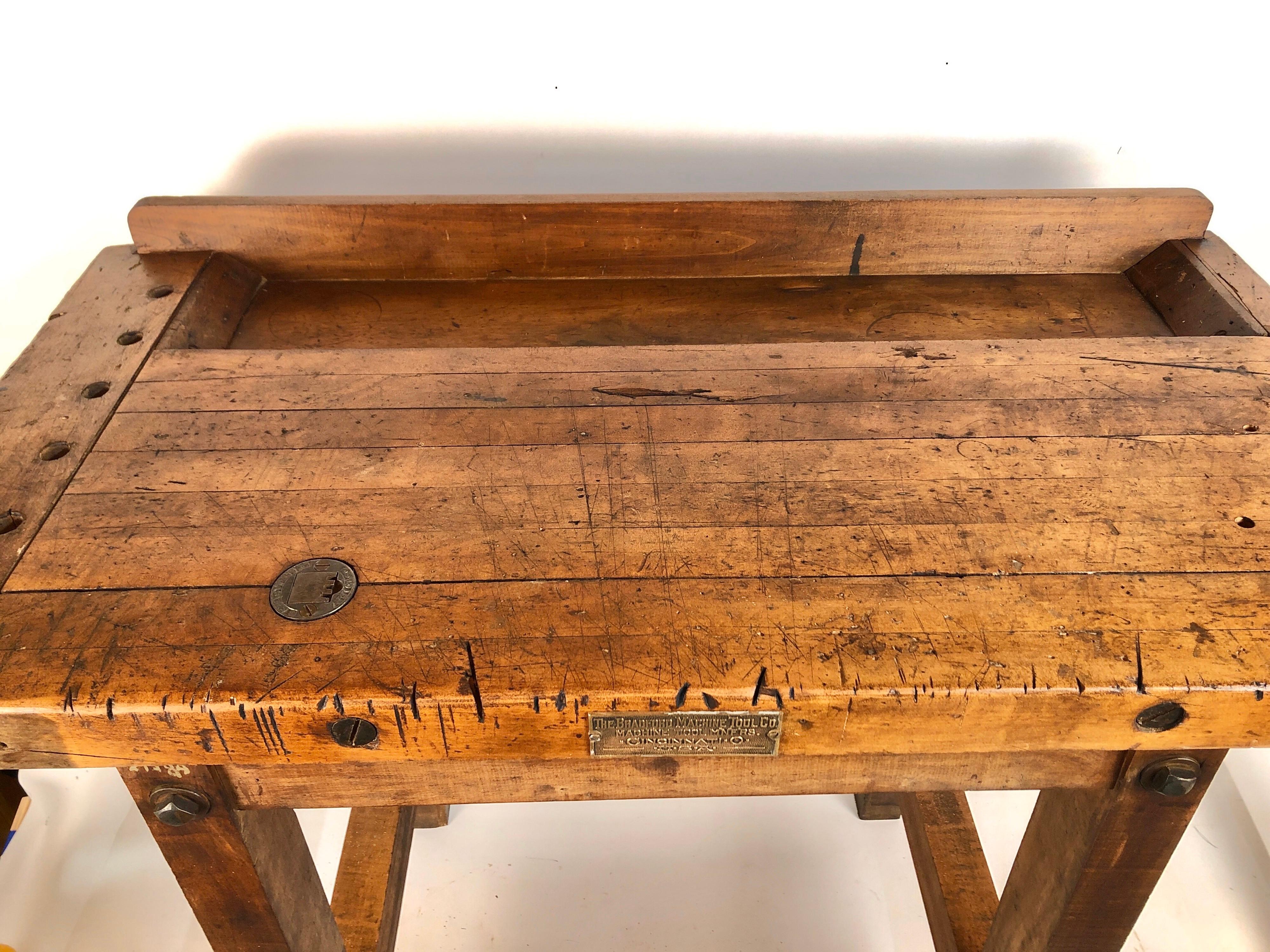 Hand-Crafted Antique Carpenters Wooden Work Table Industrial Bradford Machine Tool Co. Ohio.