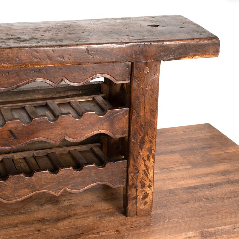 19th Century Antique Carpenters Workbench Console Table with Wine Rack from France