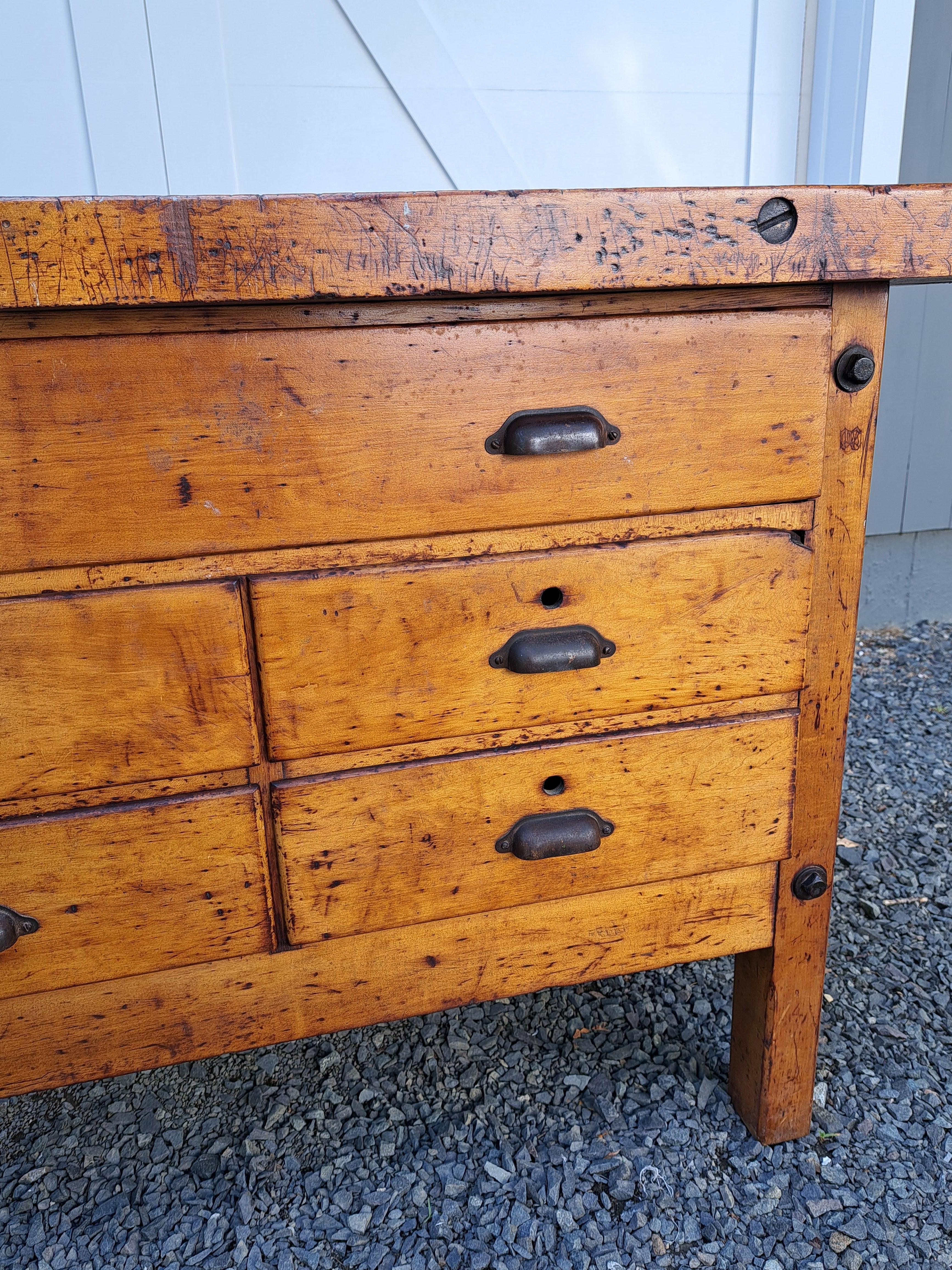 Wood Antique Carpenters Workbench Industrial Work Table For Sale