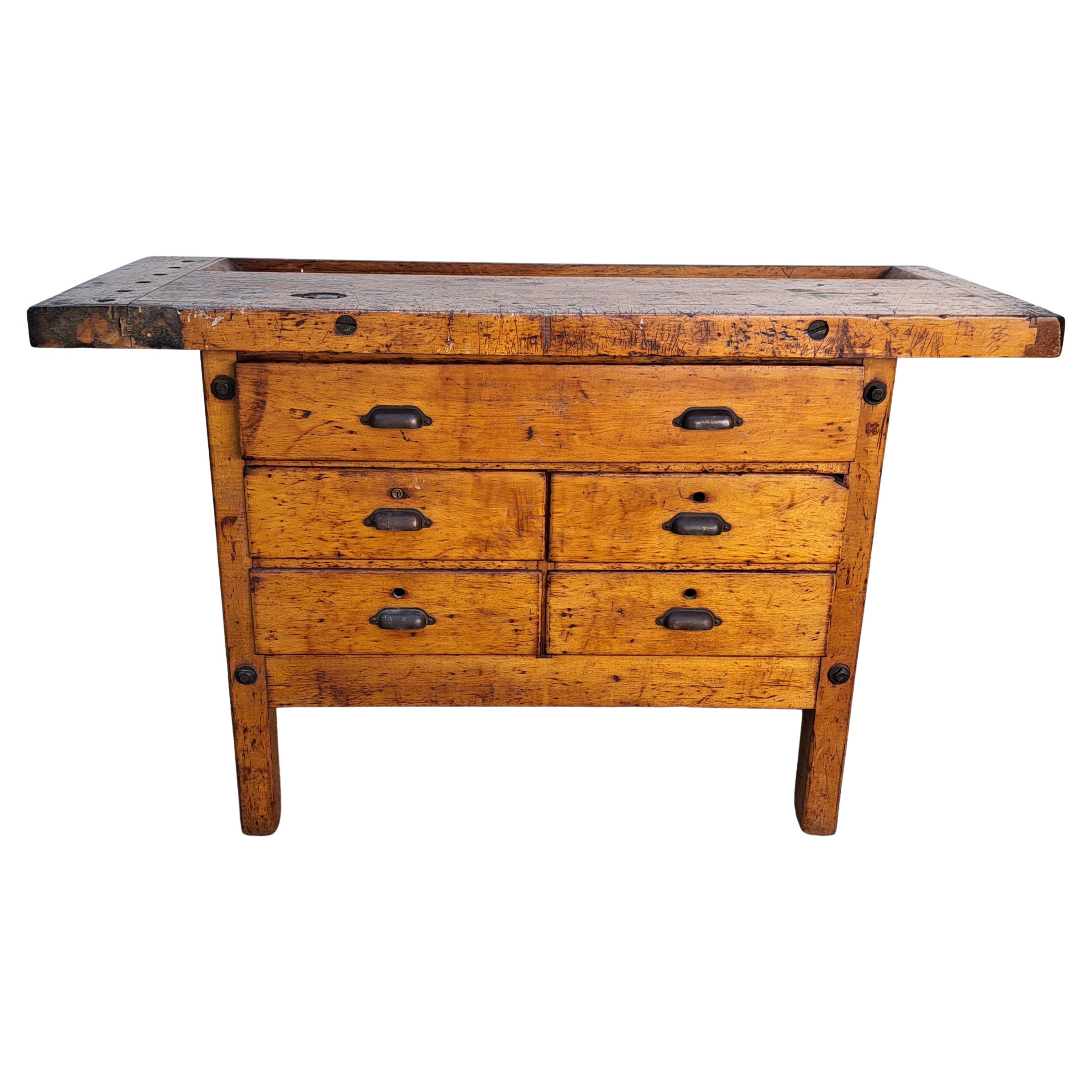 Antique Carpenters Workbench Industrial Work Table For Sale