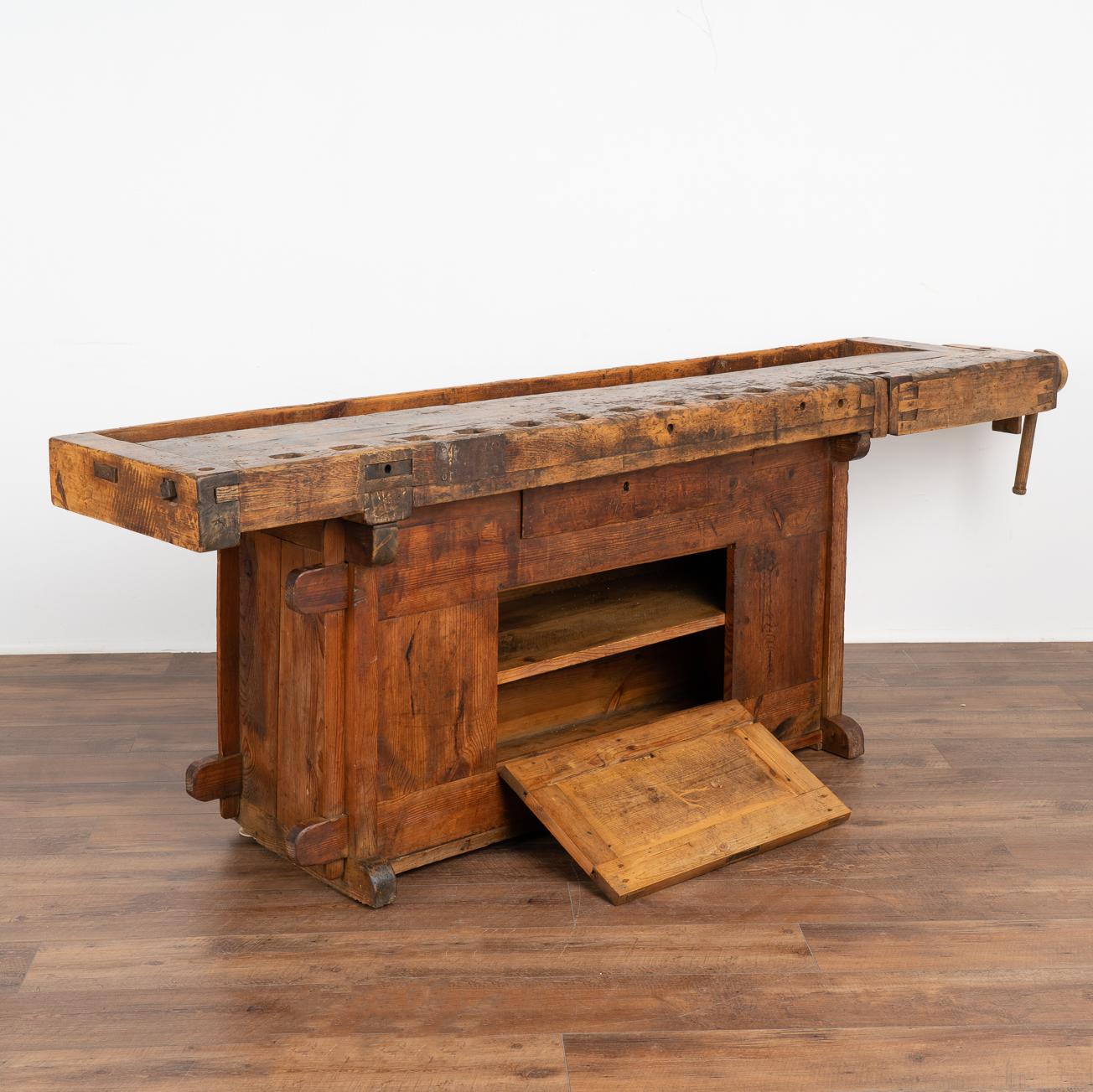 Danish Antique Carpenters Workbench Rustic Console Table with Cabinet, circa 1890