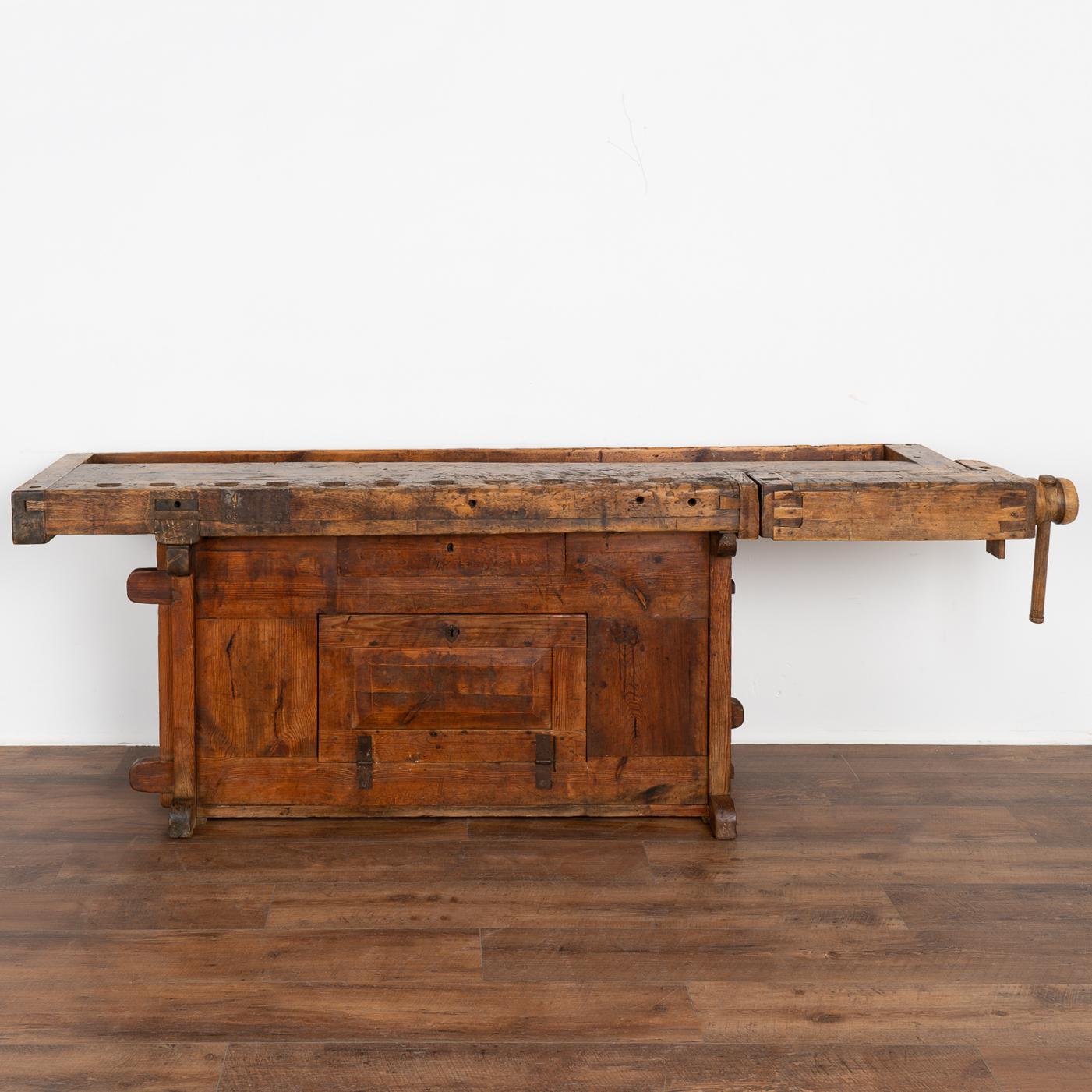 Antique Carpenters Workbench Rustic Console Table with Cabinet, circa 1890 In Good Condition In Round Top, TX