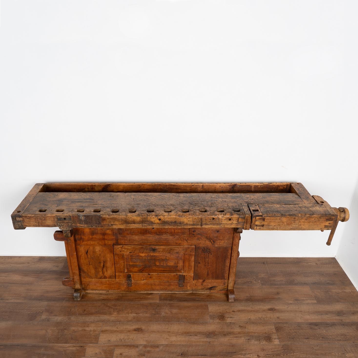 19th Century Antique Carpenters Workbench Rustic Console Table with Cabinet, circa 1890
