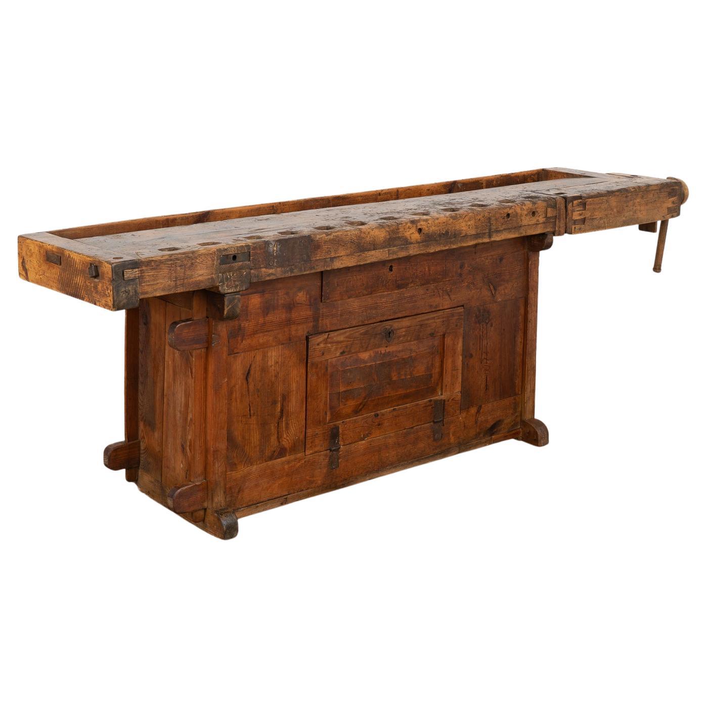 Antique Carpenters Workbench Rustic Console Table with Cabinet, circa 1890