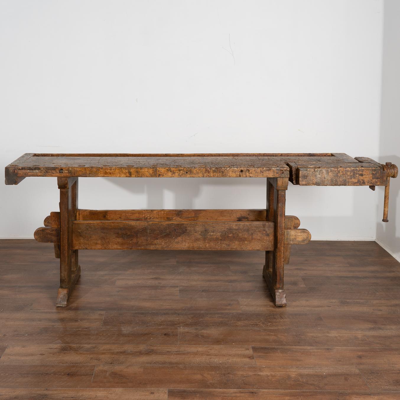 Danish Antique Carpenters Workbench Rustic Console Table with Shelf, circa 1890
