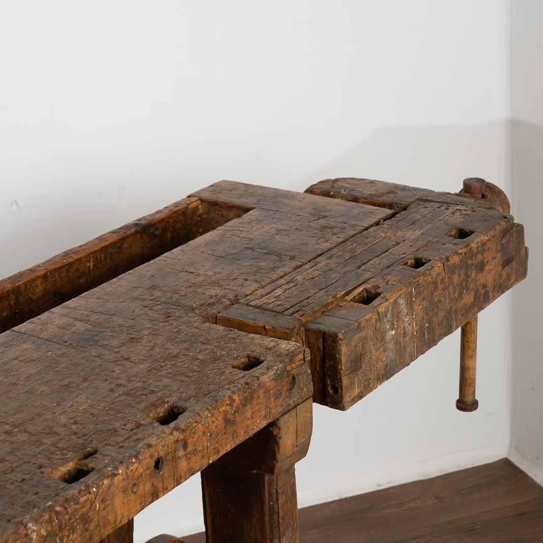 Wood Antique Carpenters Workbench Rustic Console Table with Shelf, circa 1890