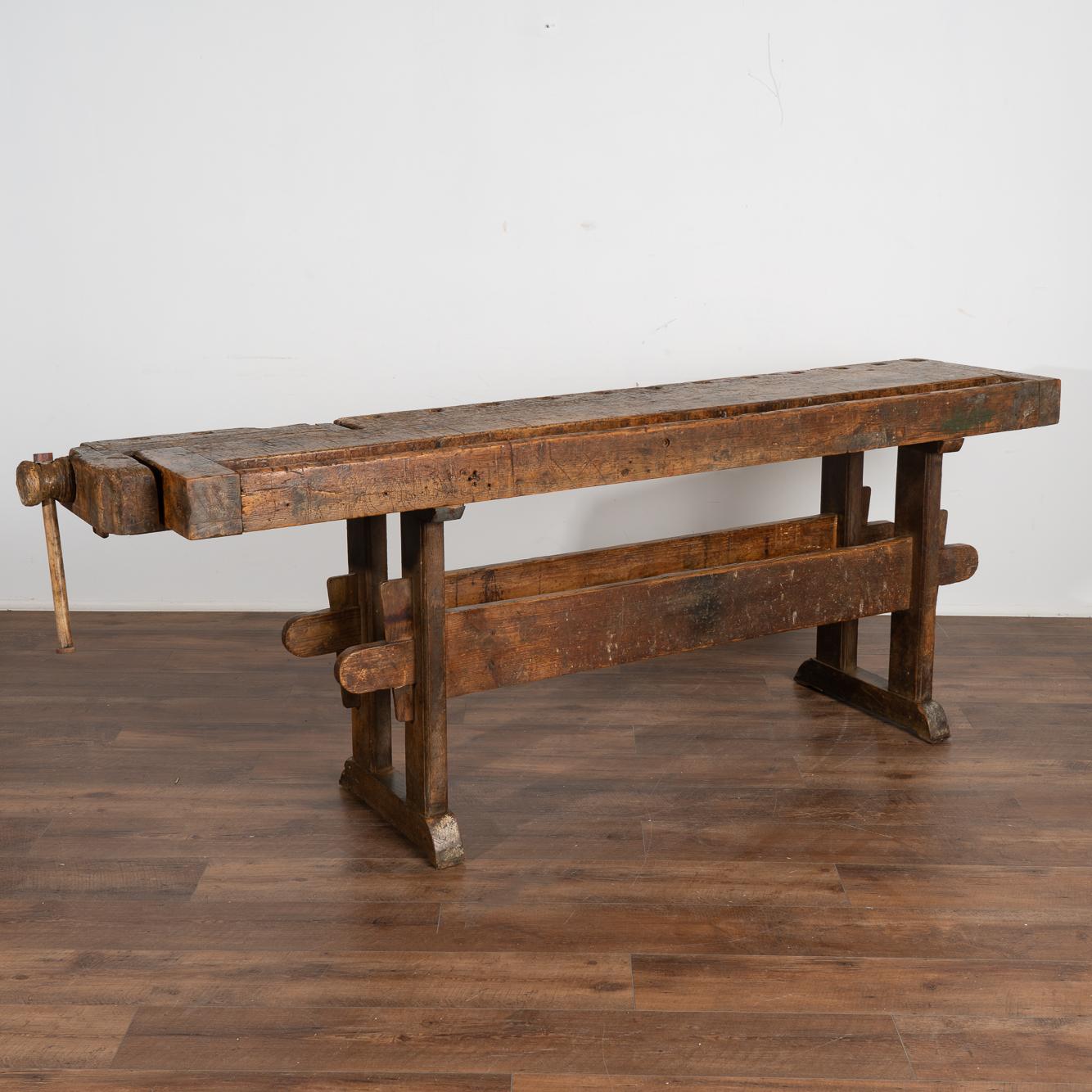 Antique Carpenters Workbench Rustic Console Table with Shelf, circa 1890 2