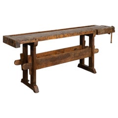 Antique Carpenters Workbench Rustic Console Table with Shelf, circa 1890