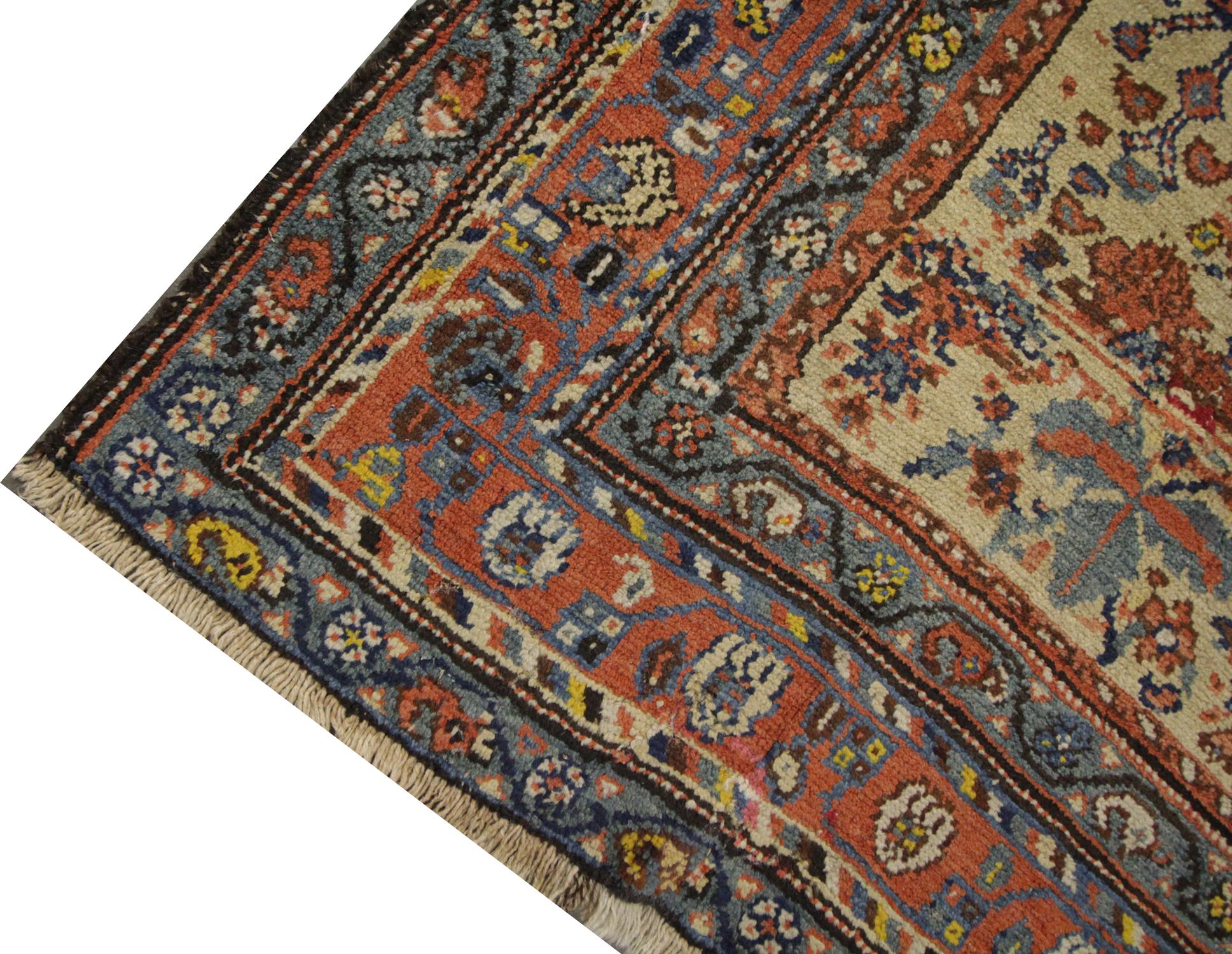 Rustic Antique Carpet Armenian Rug, Blue and Orange Caucasian Carpet Living Room Rug  For Sale