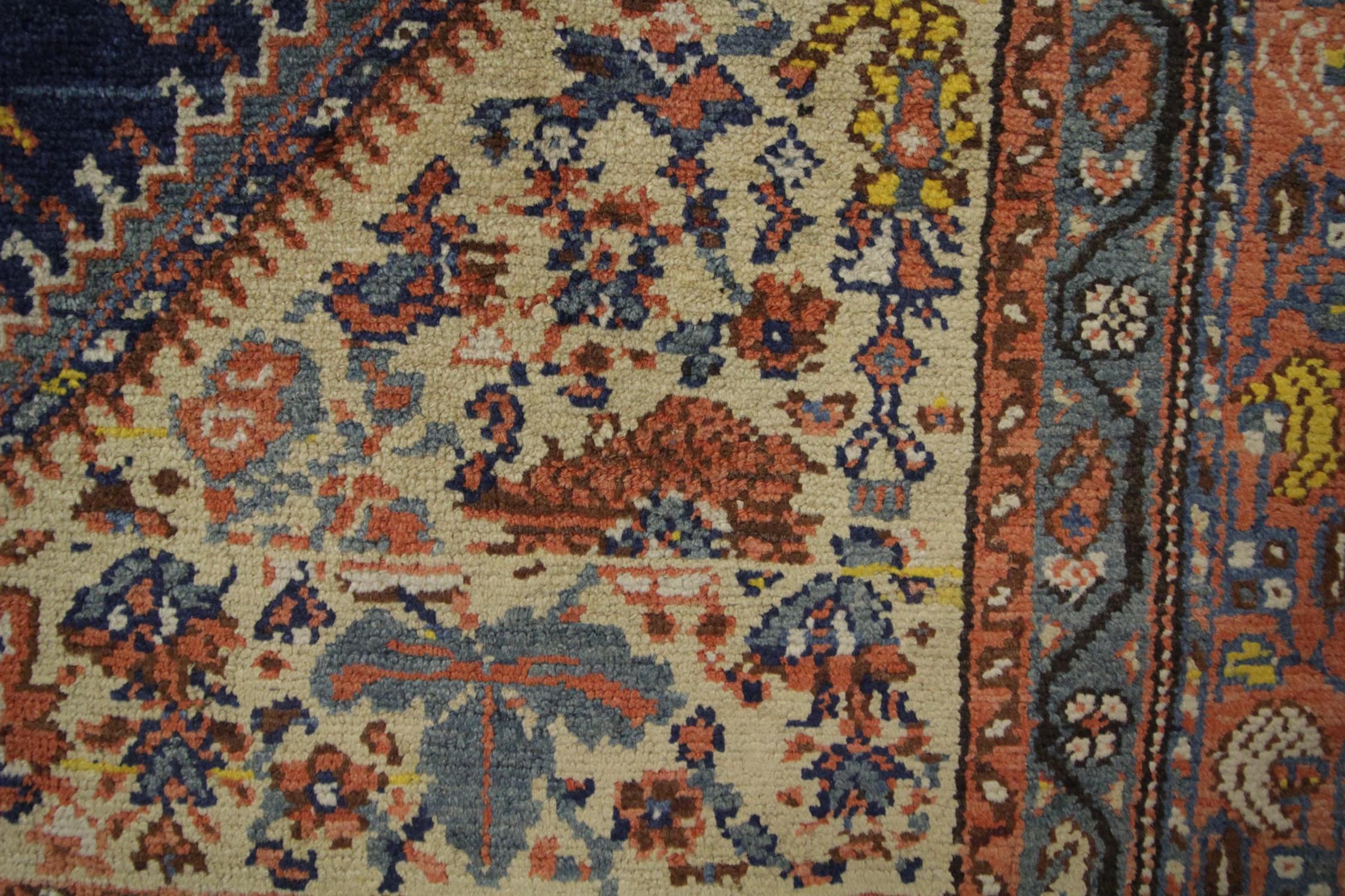 Hand-Crafted Antique Carpet Armenian Rug, Blue and Orange Caucasian Carpet Living Room Rug  For Sale