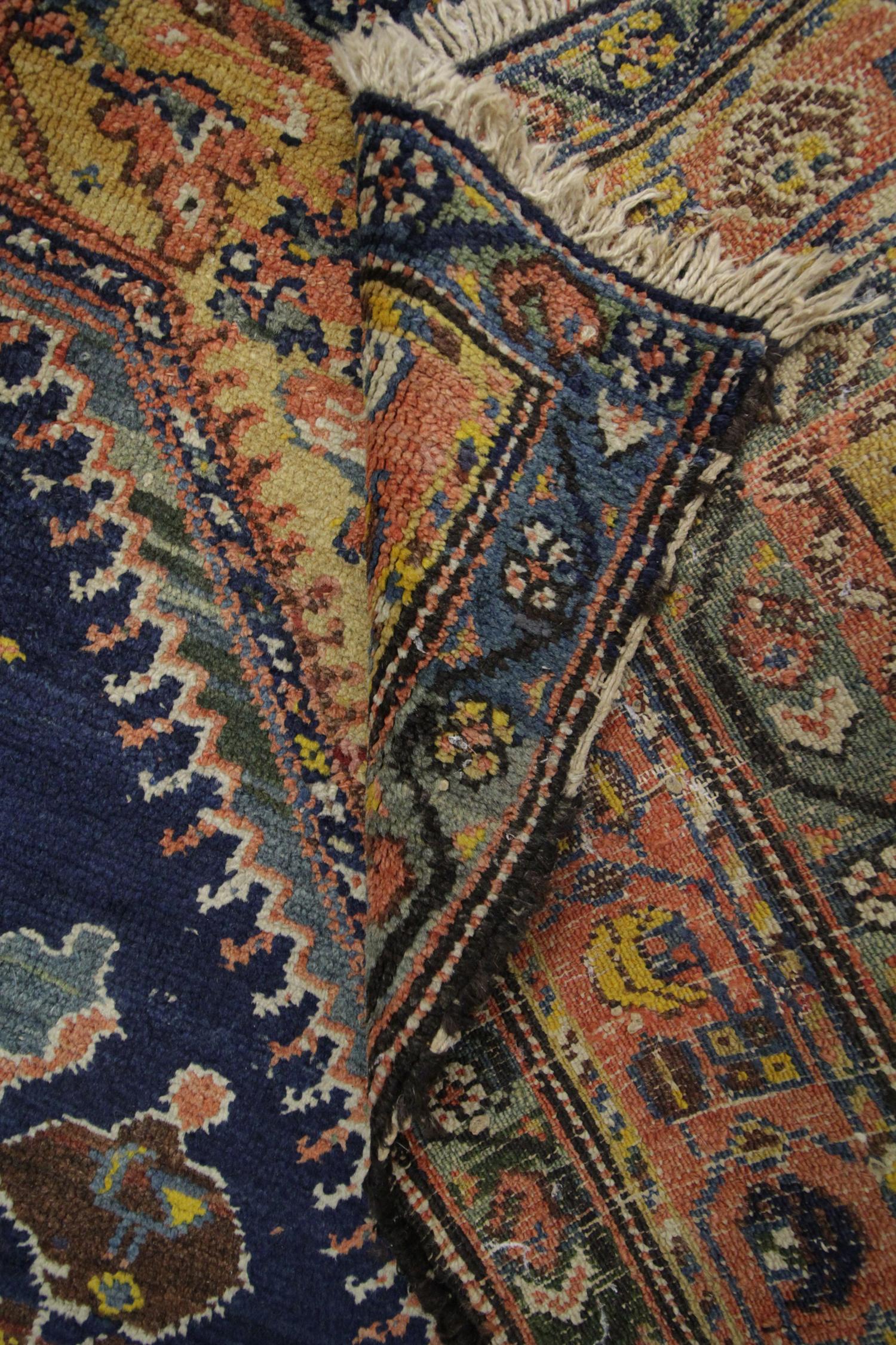Early 20th Century Antique Carpet Armenian Rug, Blue and Orange Caucasian Carpet Living Room Rug  For Sale