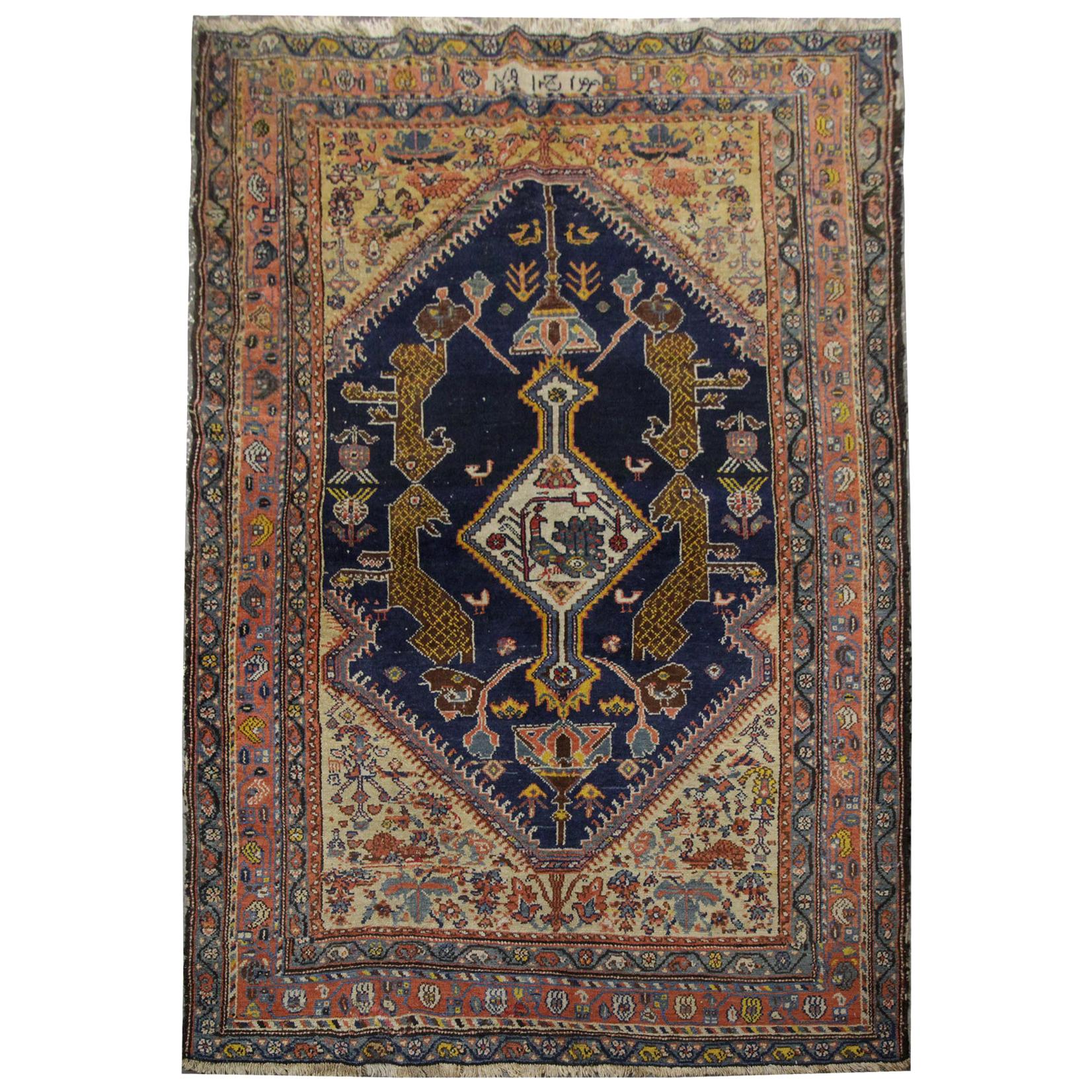 Antique Carpet Armenian Rug, Blue and Orange Caucasian Carpet Living Room Rug  For Sale
