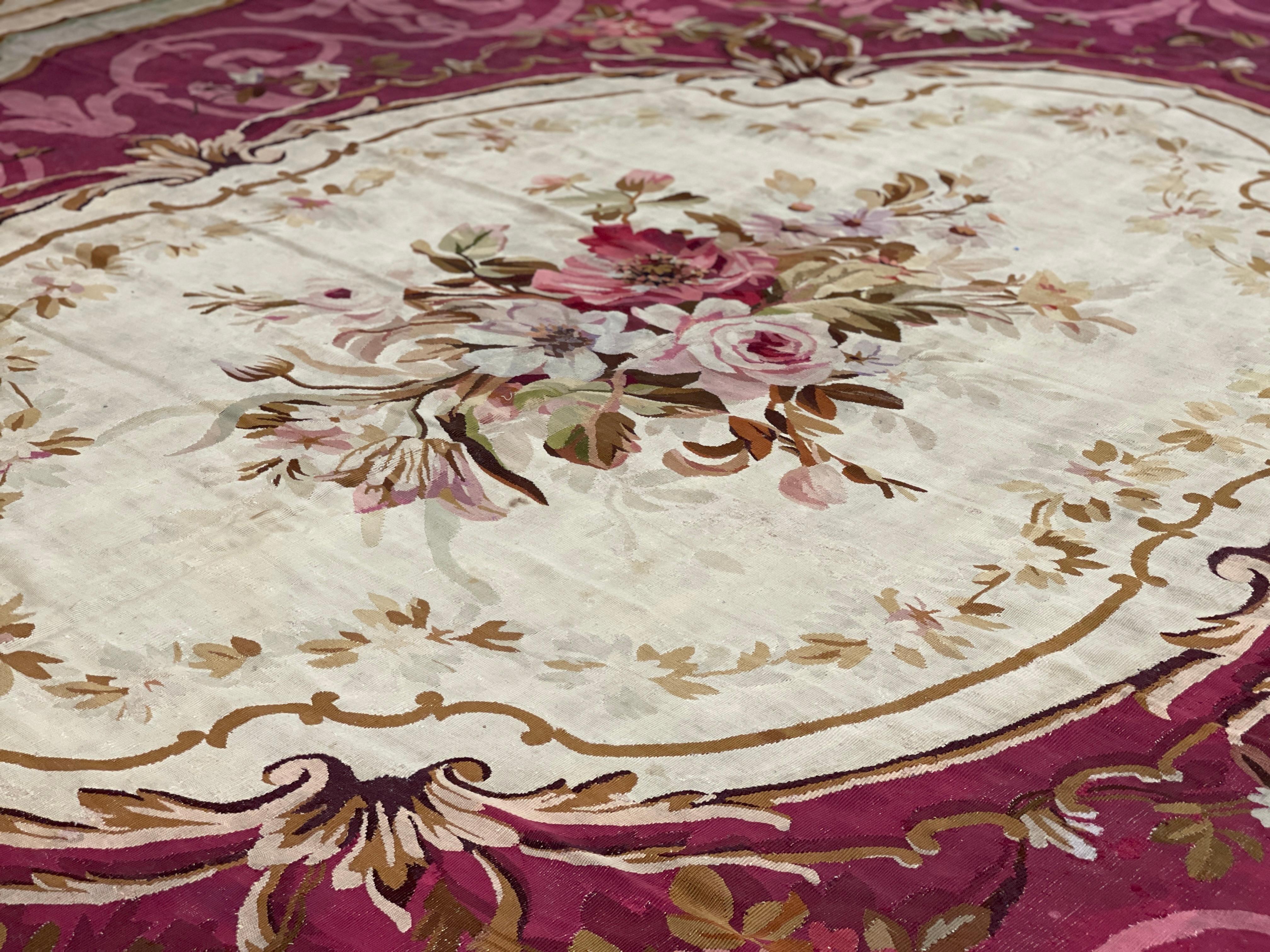 Rare Antique Aubusson Rug Burgundy Carpet, Large Wool Tapestry Livingroom Rug  For Sale 2