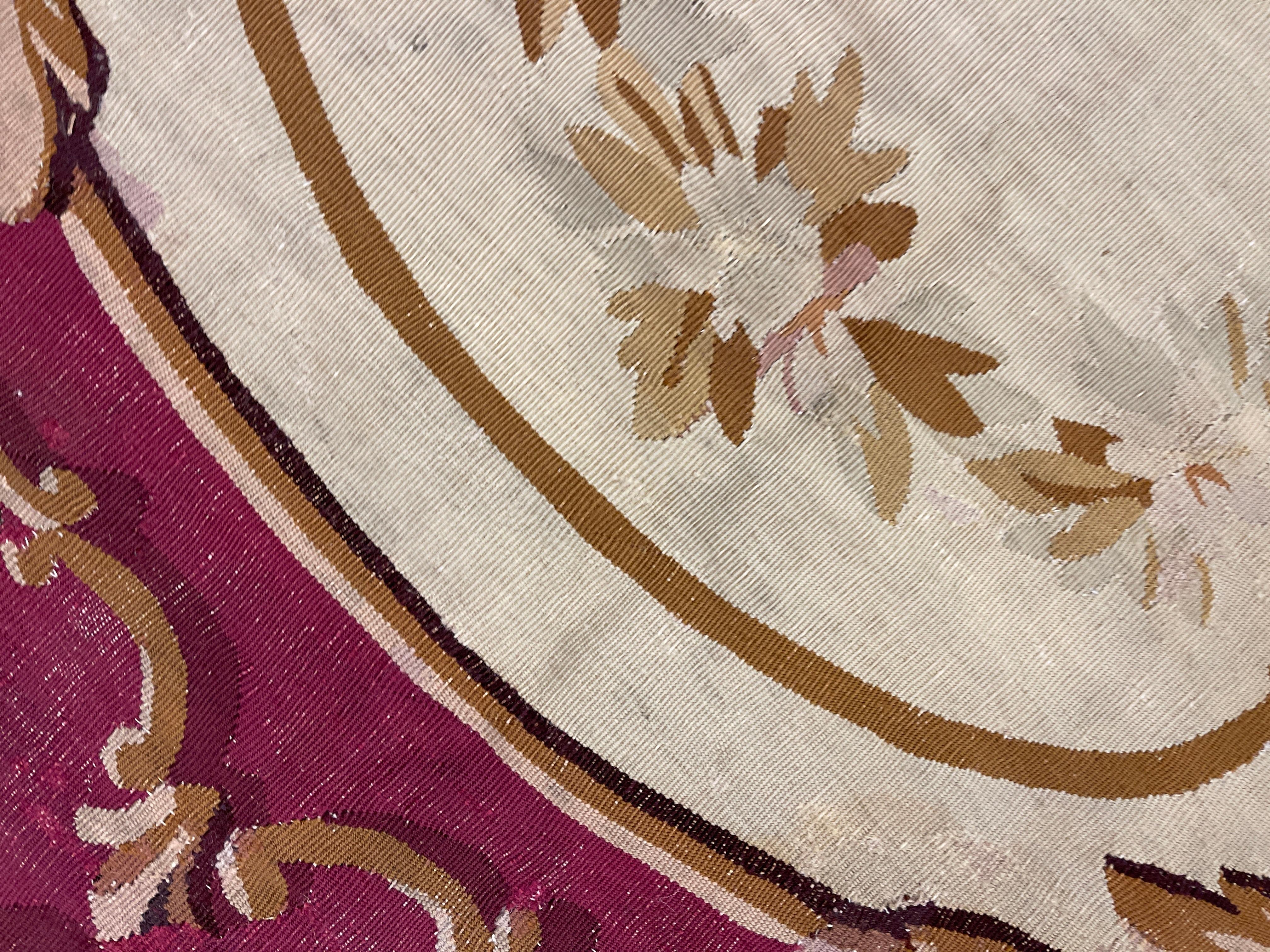 Rare Antique Aubusson Rug Burgundy Carpet, Large Wool Tapestry Livingroom Rug  For Sale 6