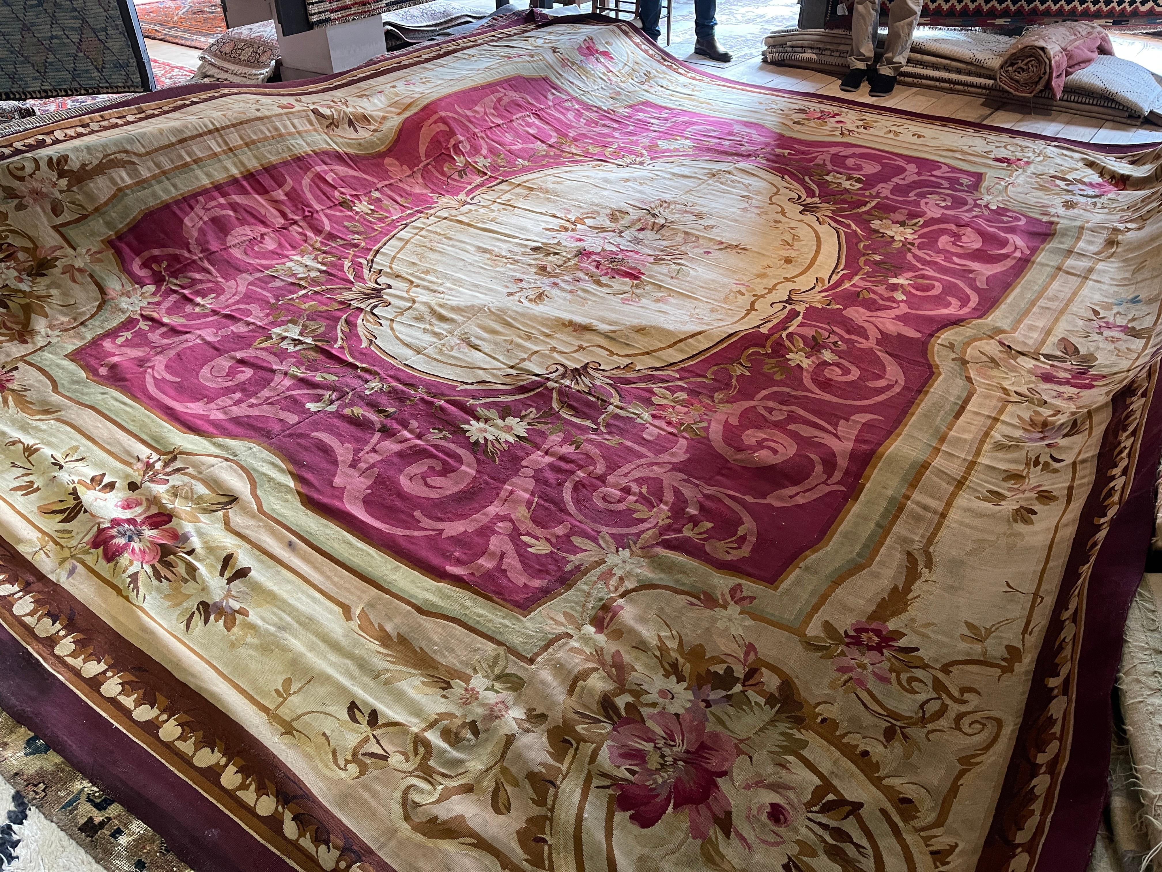 Rare Antique Aubusson Rug Burgundy Carpet, Large Wool Tapestry Livingroom Rug  For Sale 8