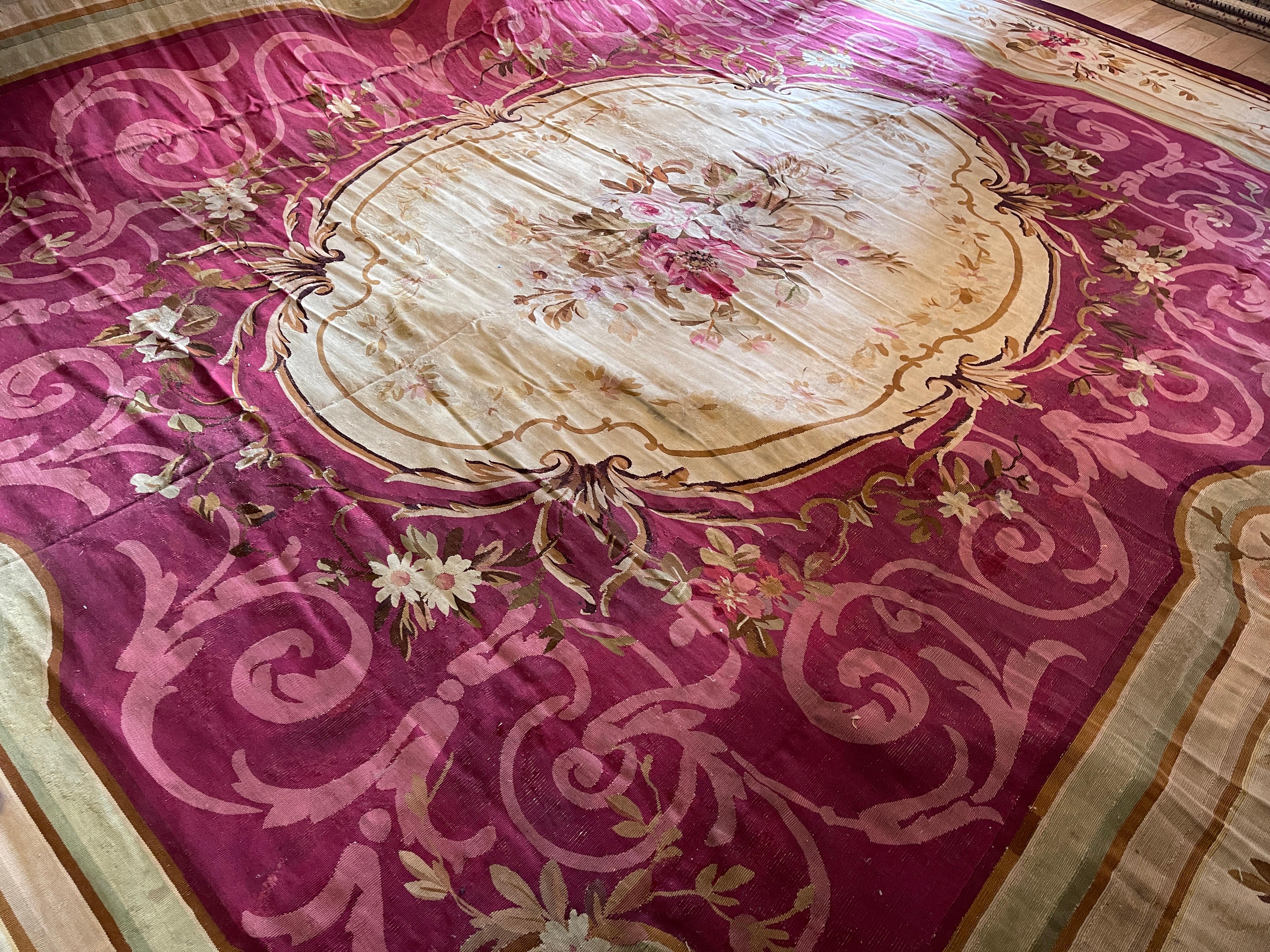 Rare Antique Aubusson Rug Burgundy Carpet, Large Wool Tapestry Livingroom Rug  For Sale 9