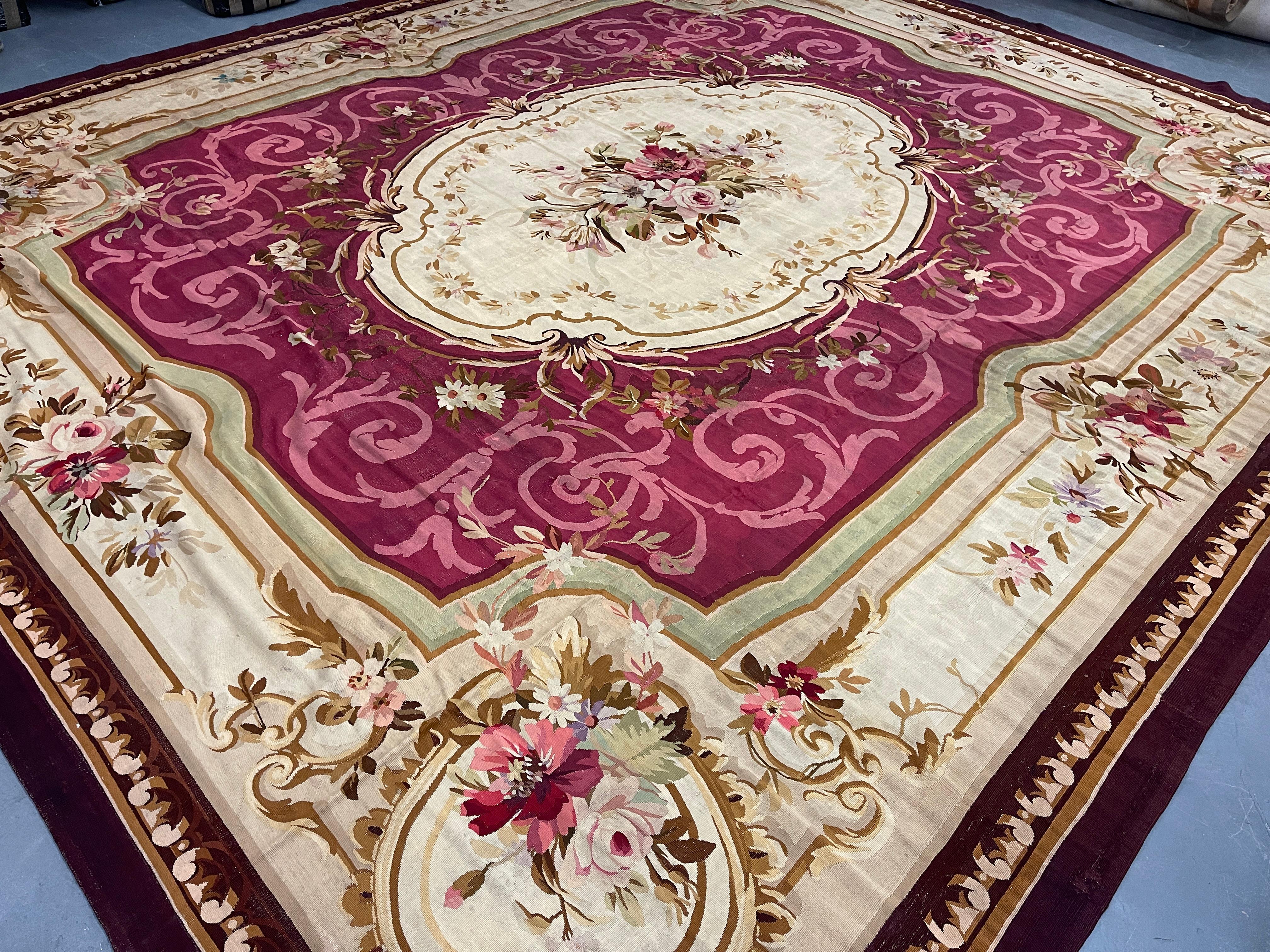 Vegetable Dyed Rare Antique Aubusson Rug Burgundy Carpet, Large Wool Tapestry Livingroom Rug  For Sale