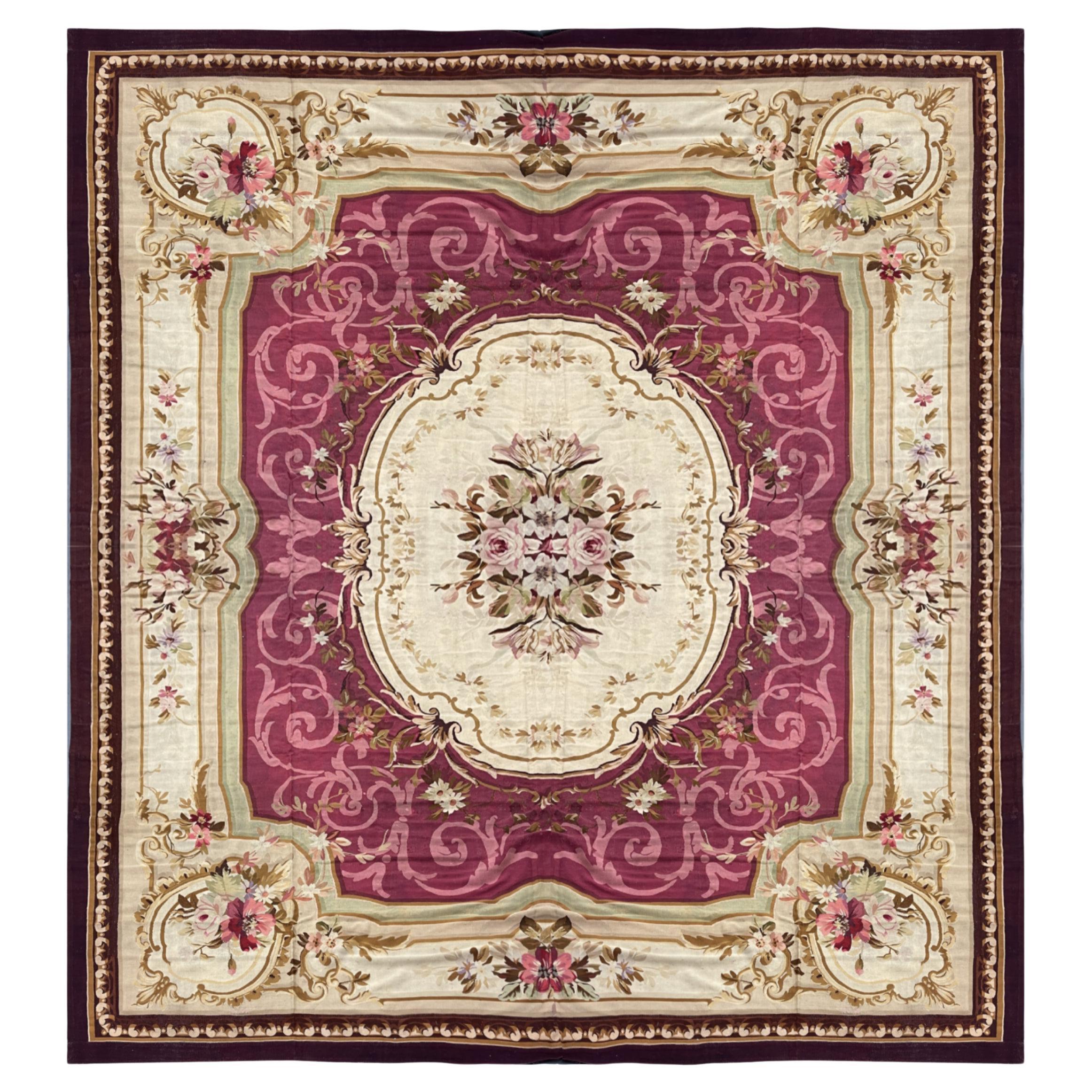 Rare Antique Aubusson Rug Burgundy Carpet, Large Wool Tapestry Livingroom Rug  For Sale