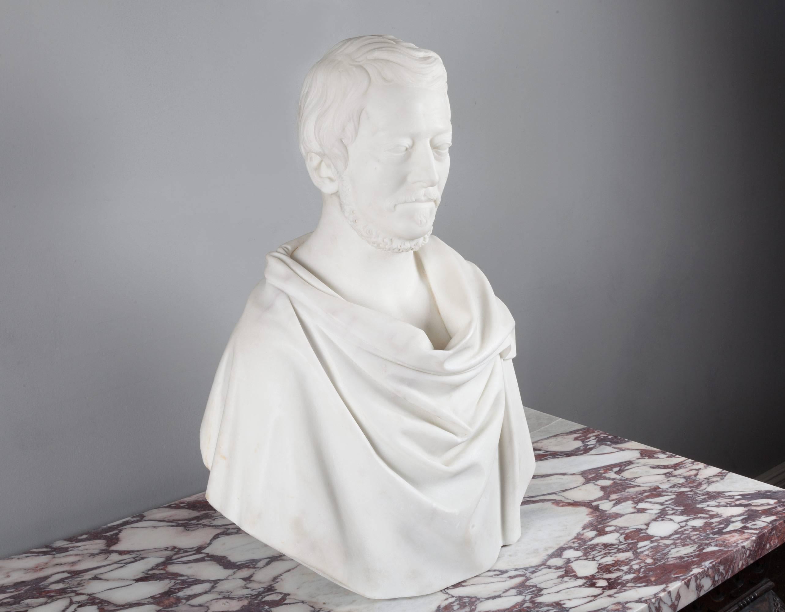 Carved Antique Carrara Marble Bust For Sale