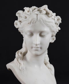 Antique Carrara Marble Bust of a Grecian Lady by Eugene Aizelin 19th Century