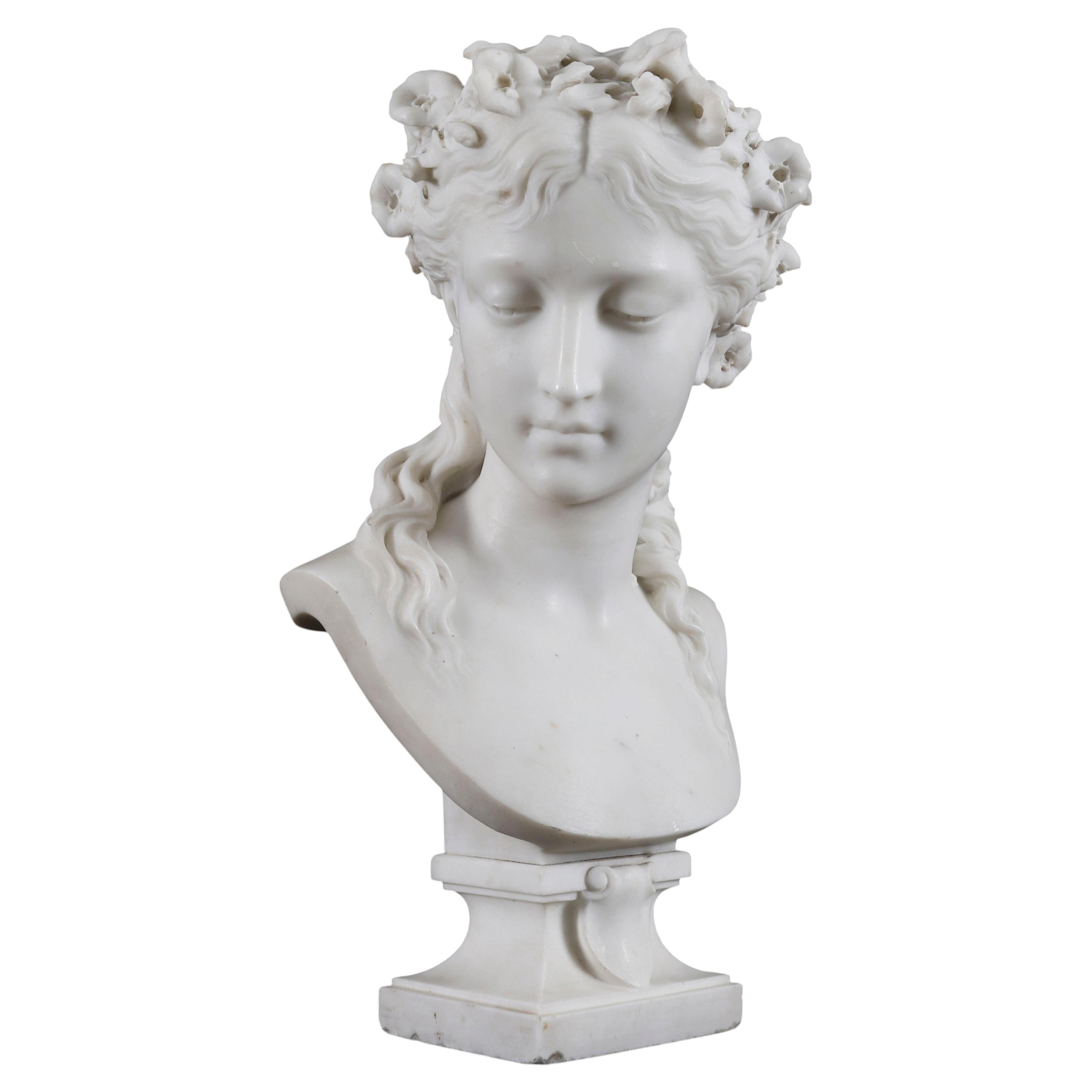 Antique Carrara Marble Bust of a Grecian Lady by Eugene Aizelin 19th Century