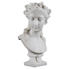 Antique Carrara Marble Bust of a Grecian Lady by Eugene Aizelin 19th Century