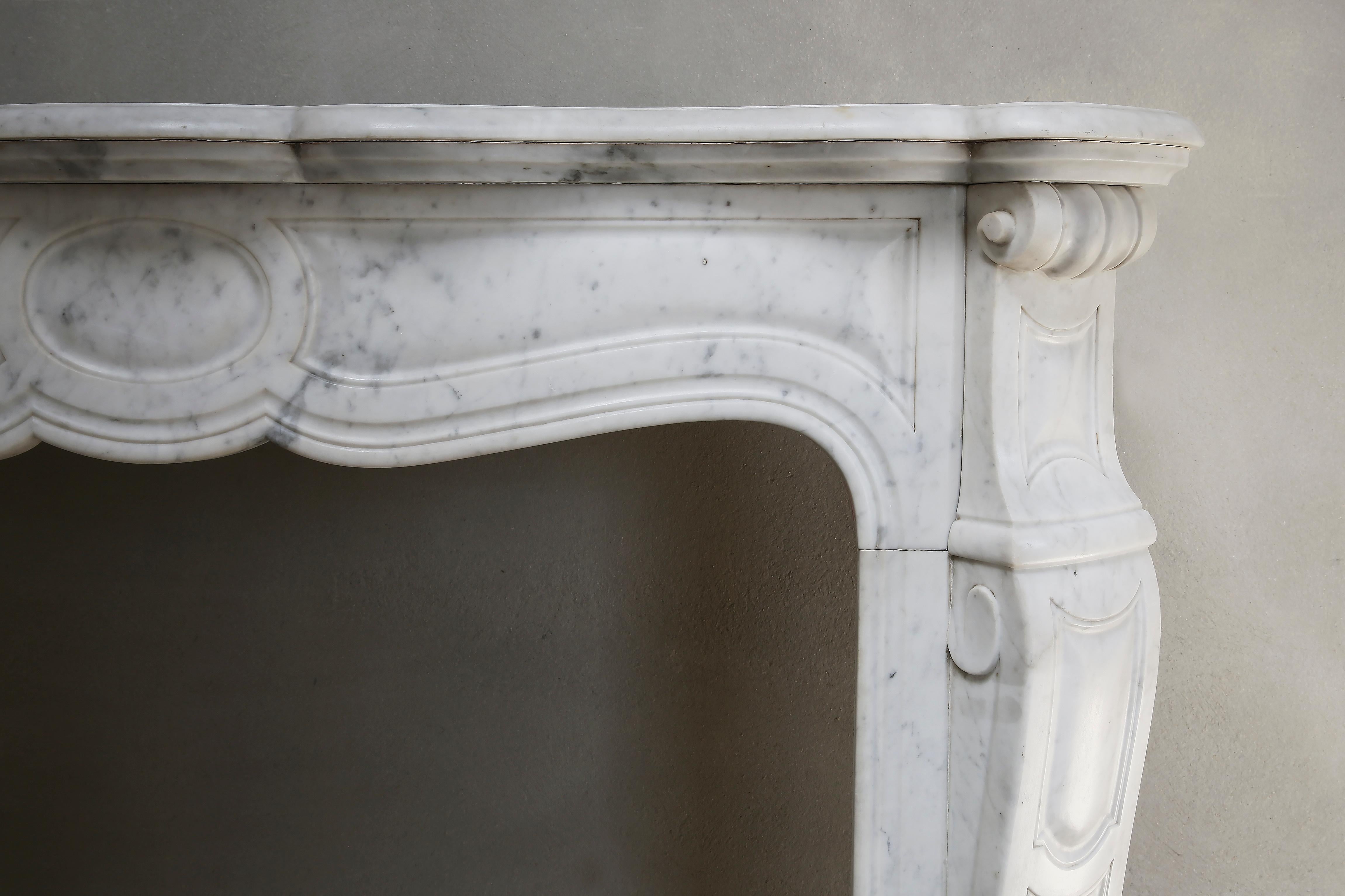 French 20th Century Carrara Marble Pompadour Fireplace