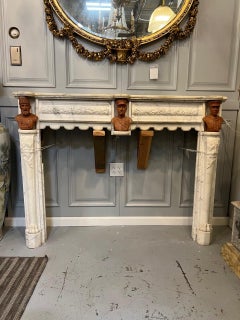Antique Carrara Marble Fireplace Mantel with Three Terracotta Busts