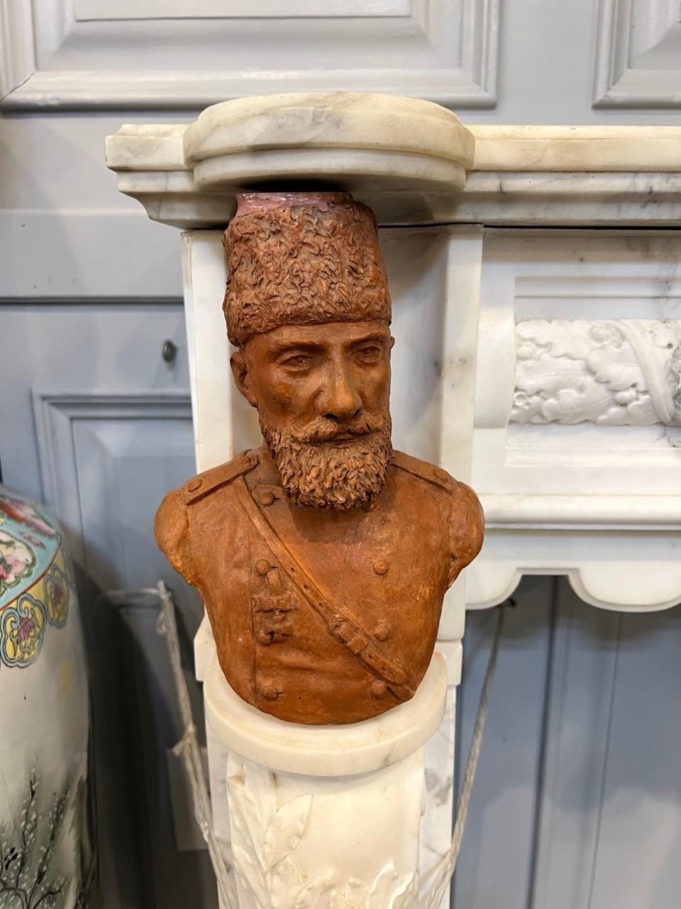 Antique Carrara Marble Fireplace Mantel with Three Terracotta Busts       In Good Condition For Sale In Stamford, CT