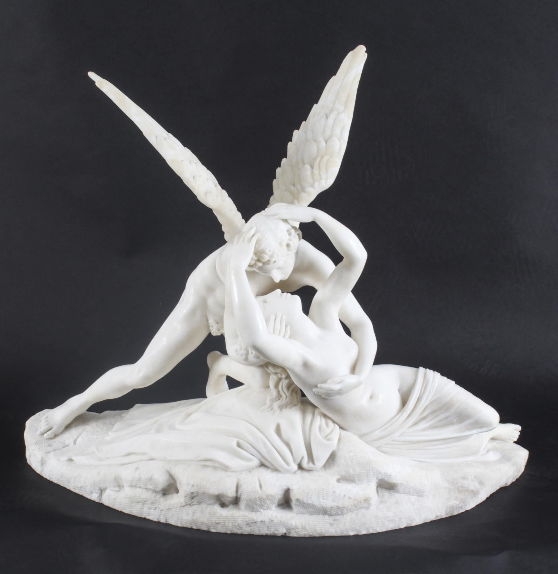 A lovely antique Italian carved marble sculpture, the lovers, after Antonio Canova, circa 1870 in date.

The beautiful sculpture is made from stunning white Carrara marble, and depicts The Kiss of Cupid and Psyche, the winged Cupid is leaning over