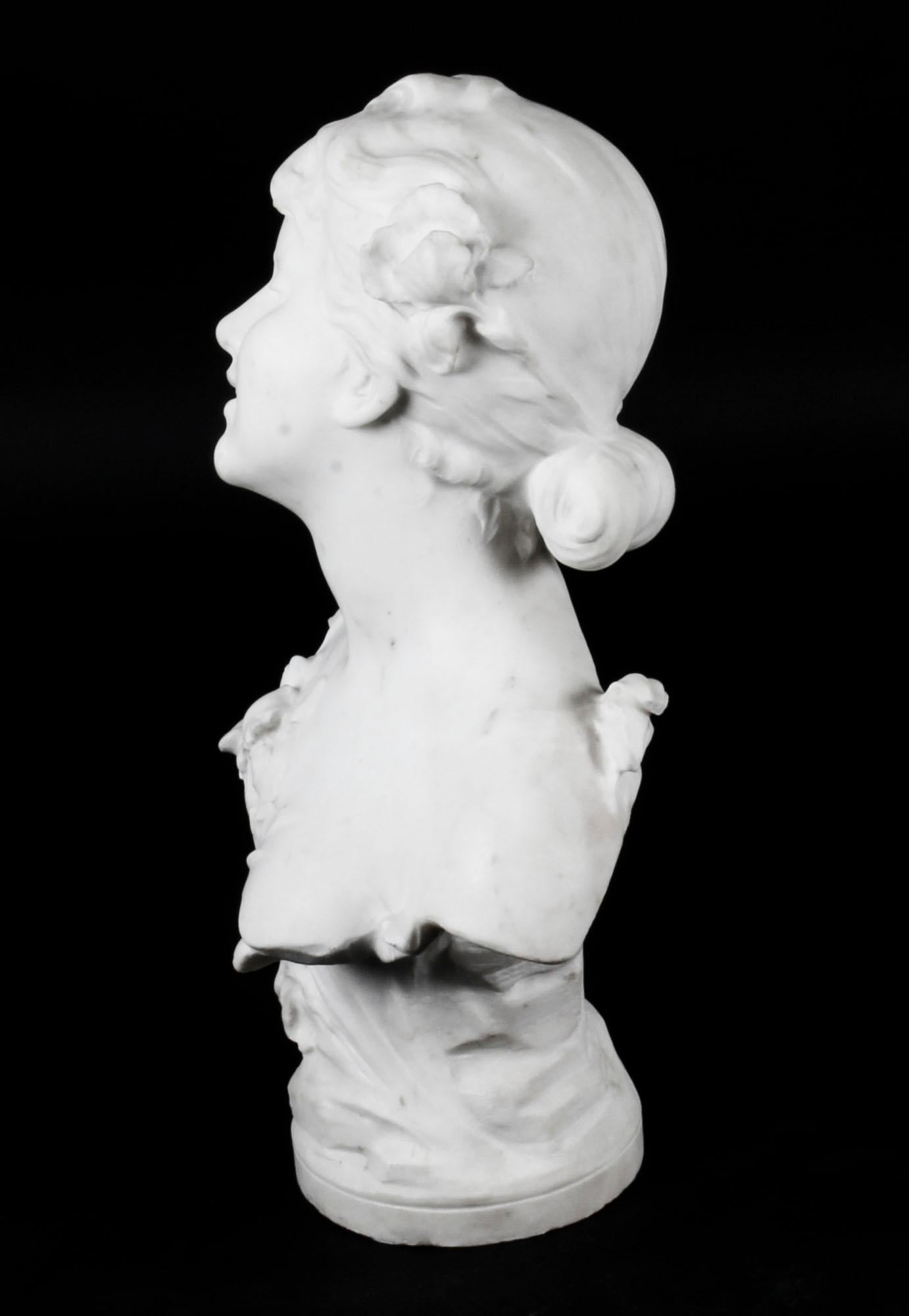 French Antique Carrara Marble Portrait Bust by Auguste Moreau, 19th Century For Sale