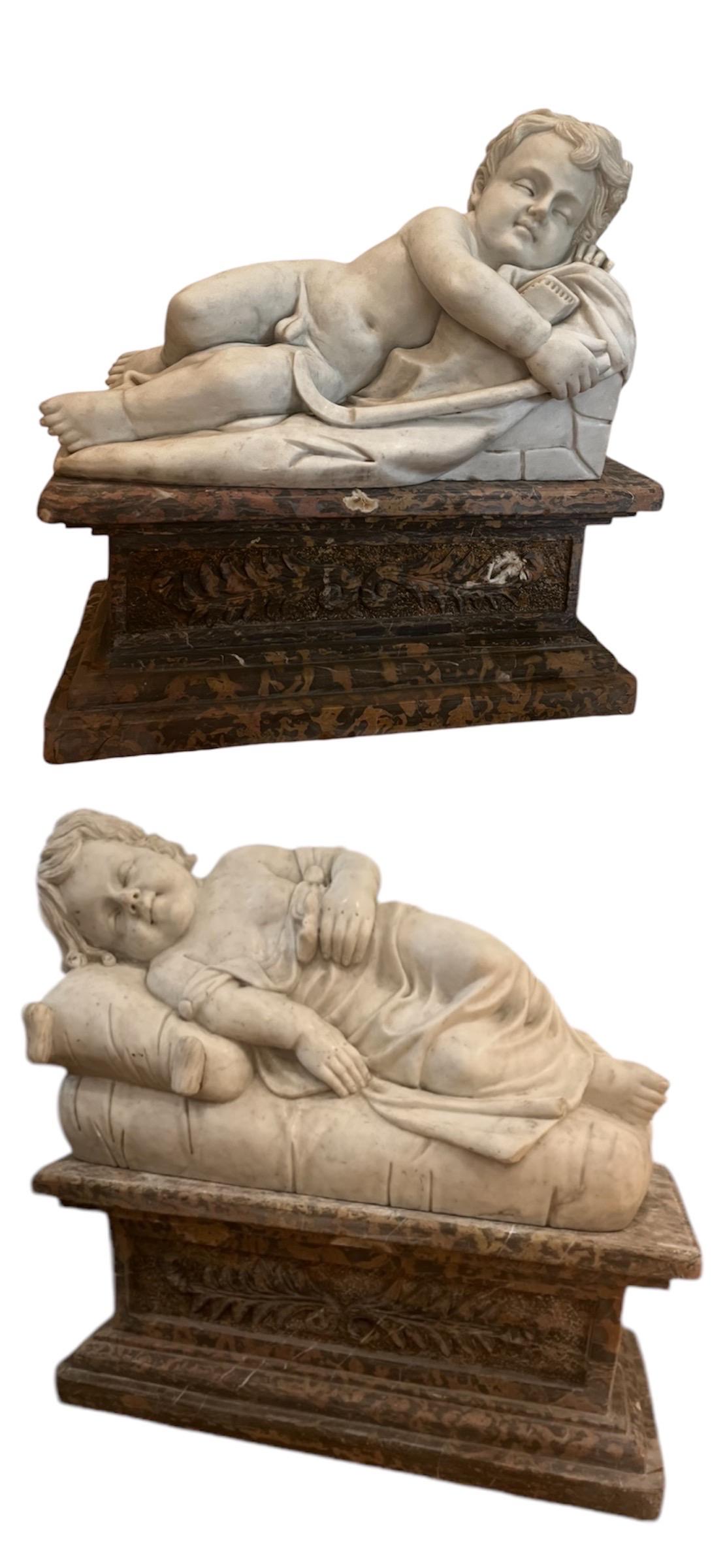 Antique Carrara Marble Statue of Sleeping Child on Large Plinth For Sale 3