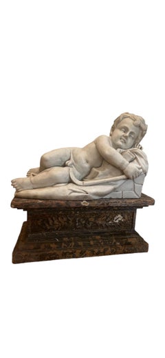 Antique Carrara Marble Statue of Sleeping Child on Large Plinth