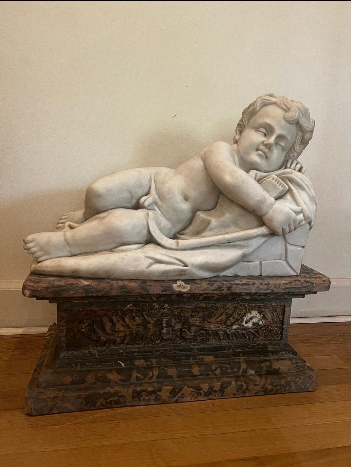 Rococo Antique Carrara Marble Statue of Sleeping Child on Large Plinth For Sale