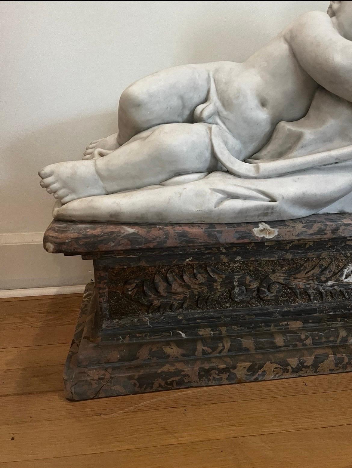 French Antique Carrara Marble Statue of Sleeping Child on Large Plinth For Sale